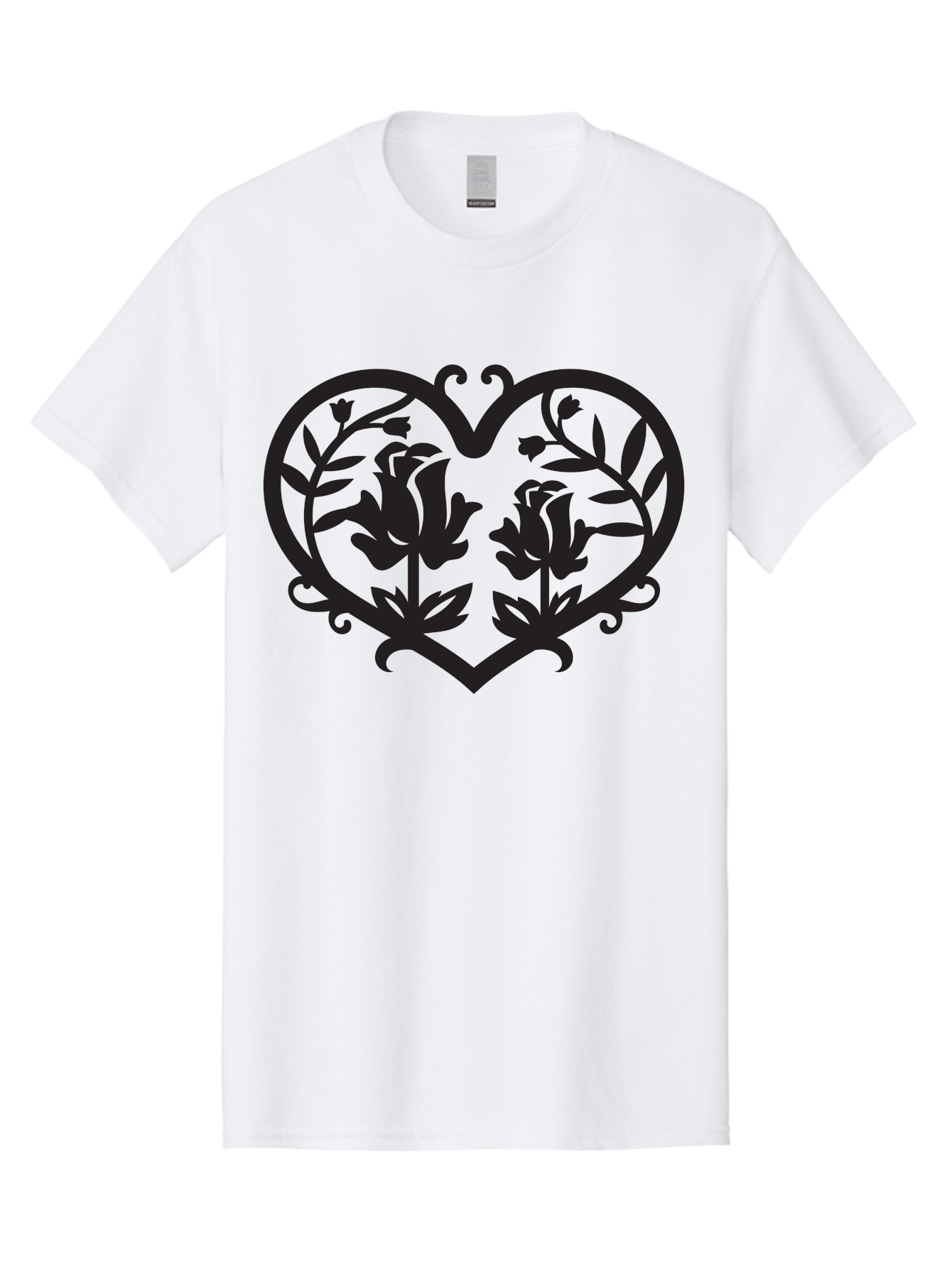 Heart-With-Flowers Men'S Graphic Tee, 100% Cotton, Comfortable Casual Summer Wear, Machine Washable, Heart Shape, Floral Design, Black Silhouette, Rose Flowers, Leaves And Vines, Decorative Elements, Symbolic Heart, Intricate Details, Aab282
