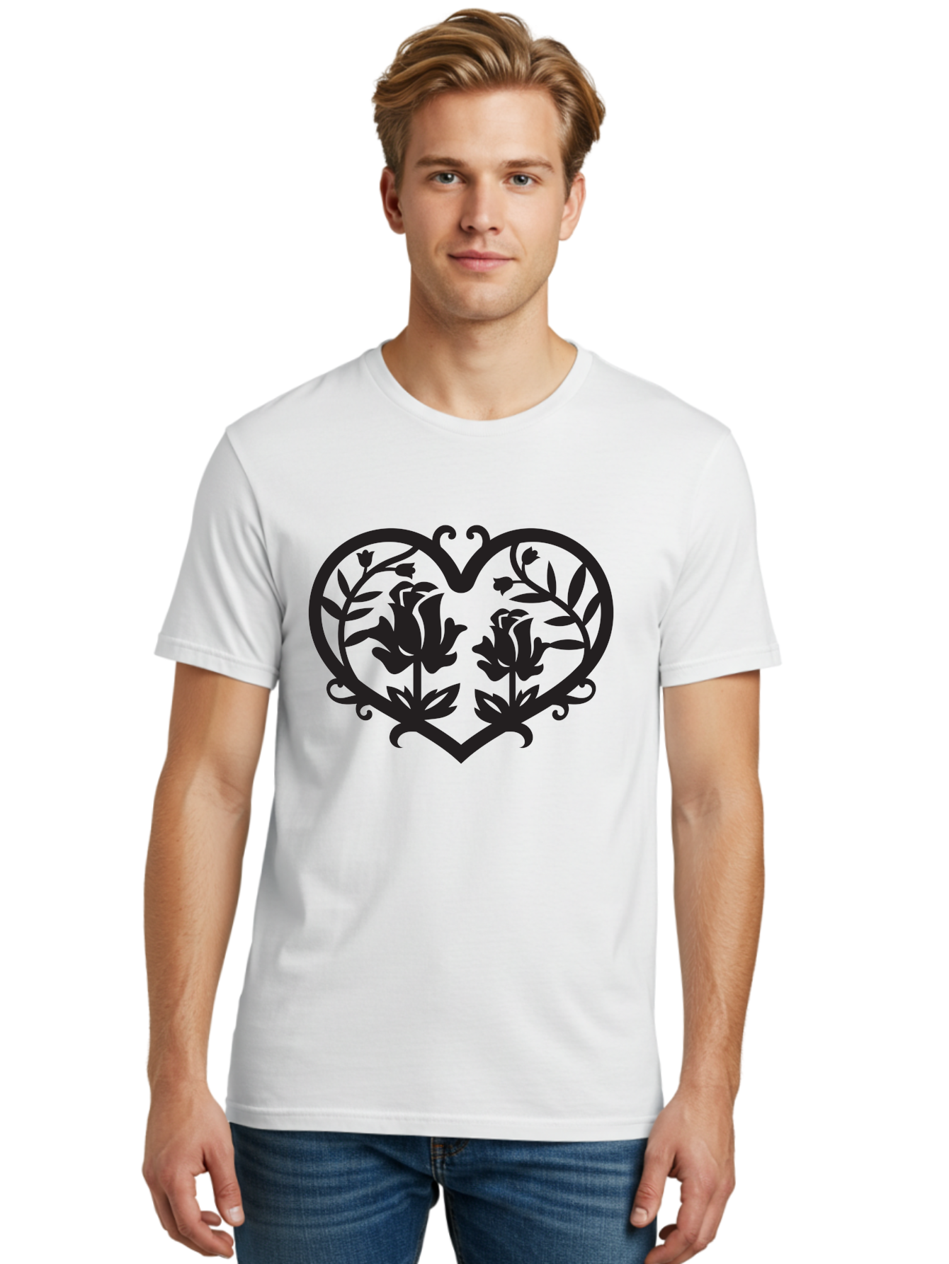 Heart-With-Flowers Men'S Graphic Tee, 100% Cotton, Comfortable Casual Summer Wear, Machine Washable, Heart Shape, Floral Design, Black Silhouette, Rose Flowers, Leaves And Vines, Decorative Elements, Symbolic Heart, Intricate Details, Aab282