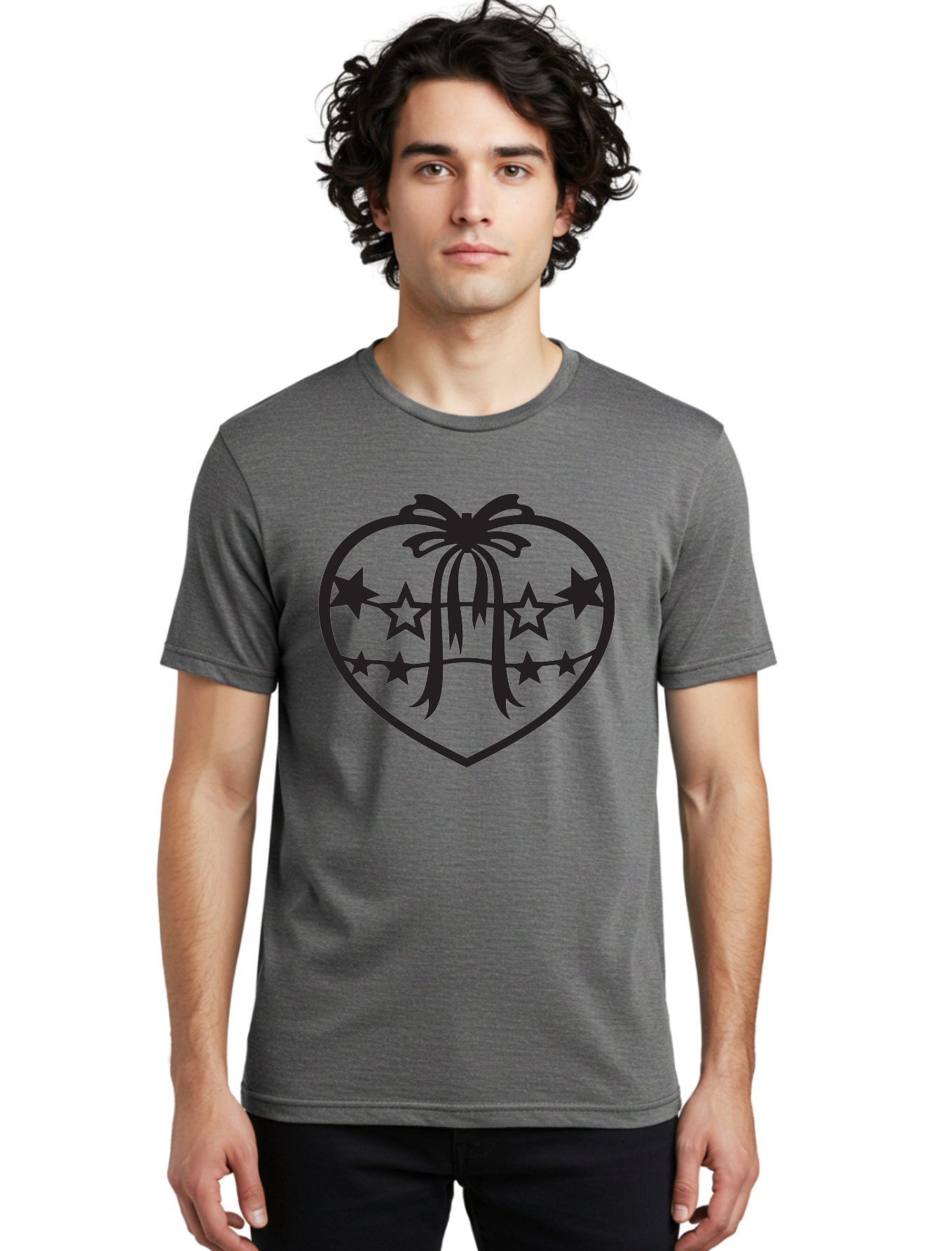 Heart-With-Ribbon-And-Stars Men'S Graphic Tee, 100% Cotton, Comfortable Casual Summer Wear, Machine Washable, Heart Shape, Stars, Ribbon Bow, Love Symbol, Heart Design, Celestial Theme, Starry Night, Heart Graphic, Ribbon, Abstract Art Aab283