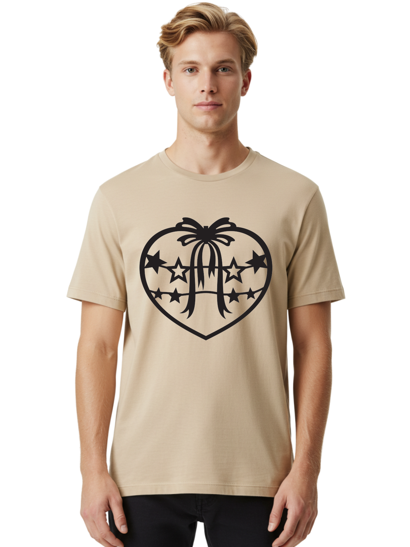 Heart-With-Ribbon-And-Stars Men'S Graphic Tee, 100% Cotton, Comfortable Casual Summer Wear, Machine Washable, Heart Shape, Stars, Ribbon Bow, Love Symbol, Heart Design, Celestial Theme, Starry Night, Heart Graphic, Ribbon, Abstract Art Aab283