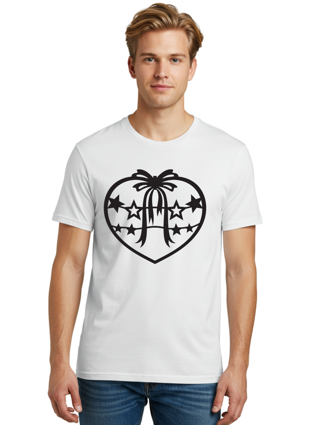 Heart-With-Ribbon-And-Stars Men'S Graphic Tee, 100% Cotton, Comfortable Casual Summer Wear, Machine Washable, Heart Shape, Stars, Ribbon Bow, Love Symbol, Heart Design, Celestial Theme, Starry Night, Heart Graphic, Ribbon, Abstract Art Aab283