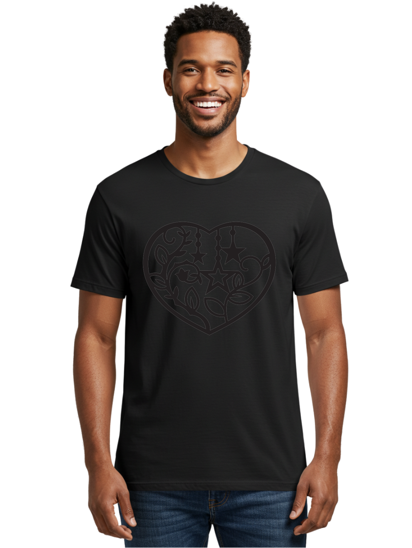 Heart-With-Stars-And-Leaves Men'S Graphic Tee, 100% Cotton, Comfortable Casual Summer Wear, Machine Washable, Heart Shape, Floral Design, Stars, Leaves, Vines, Decorative Elements, Symbolic Heart, Stylized Graphics, Minimalist Art Aab284