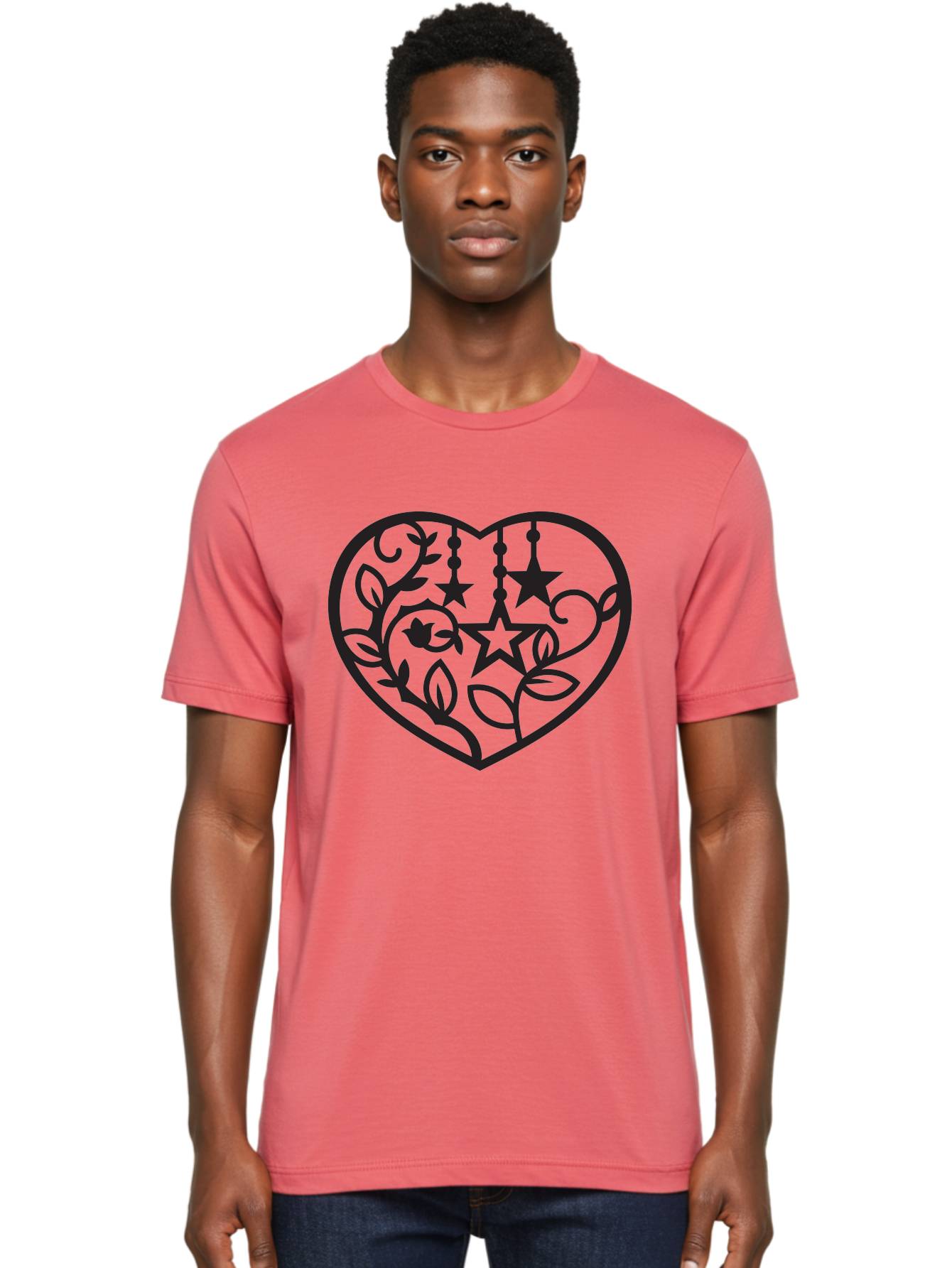 Heart-With-Stars-And-Leaves Men'S Graphic Tee, 100% Cotton, Comfortable Casual Summer Wear, Machine Washable, Heart Shape, Floral Design, Stars, Leaves, Vines, Decorative Elements, Symbolic Heart, Stylized Graphics, Minimalist Art Aab284