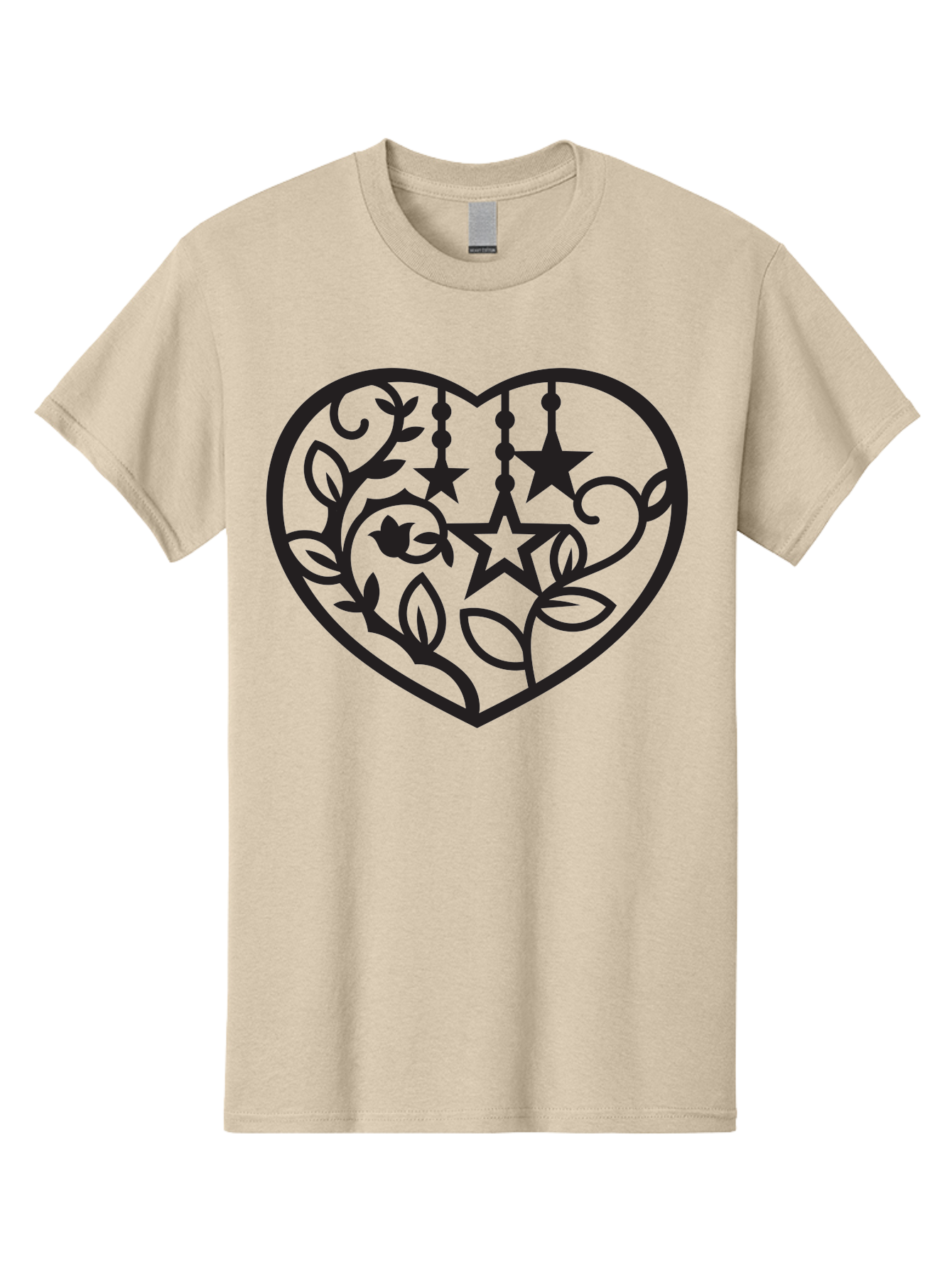 Heart-With-Stars-And-Leaves Men'S Graphic Tee, 100% Cotton, Comfortable Casual Summer Wear, Machine Washable, Heart Shape, Floral Design, Stars, Leaves, Vines, Decorative Elements, Symbolic Heart, Stylized Graphics, Minimalist Art Aab284