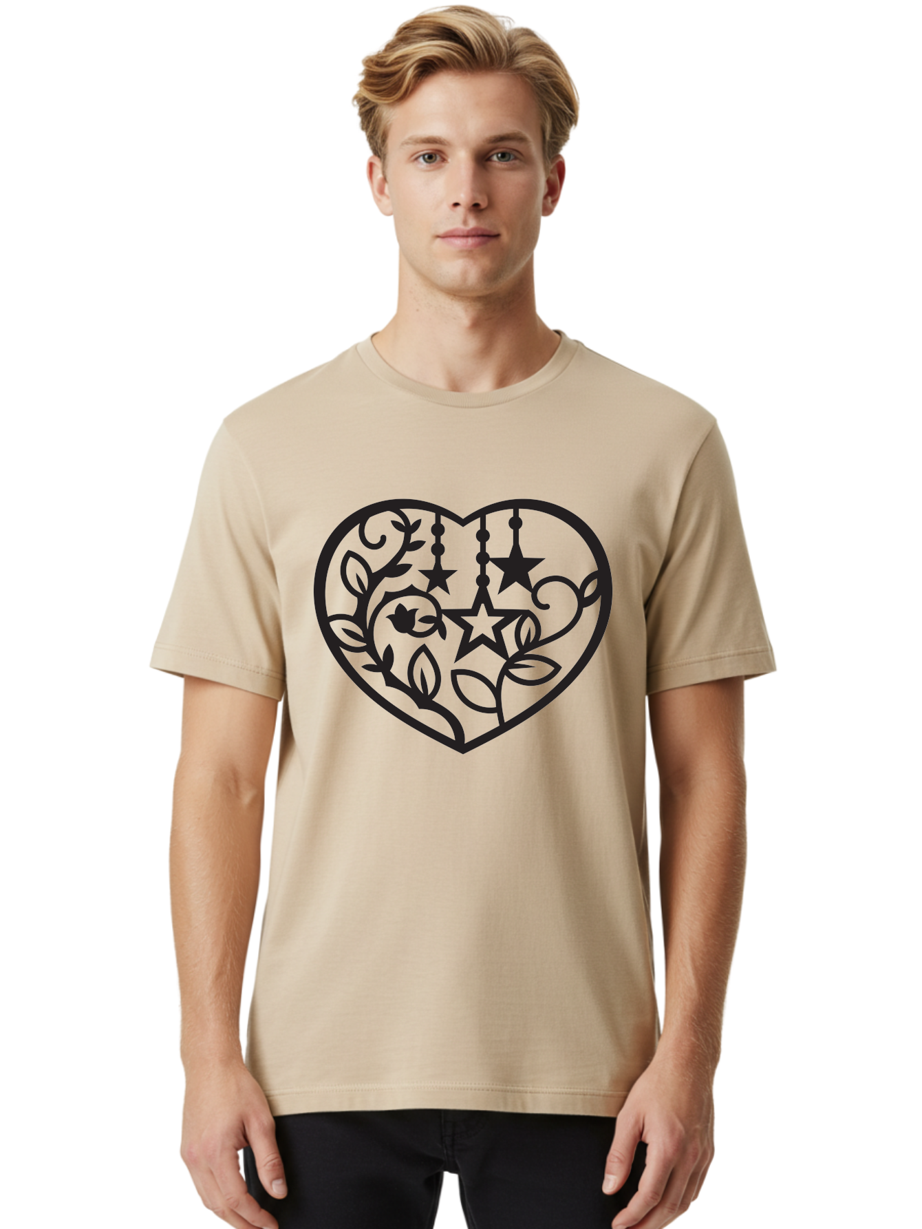 Heart-With-Stars-And-Leaves Men'S Graphic Tee, 100% Cotton, Comfortable Casual Summer Wear, Machine Washable, Heart Shape, Floral Design, Stars, Leaves, Vines, Decorative Elements, Symbolic Heart, Stylized Graphics, Minimalist Art Aab284