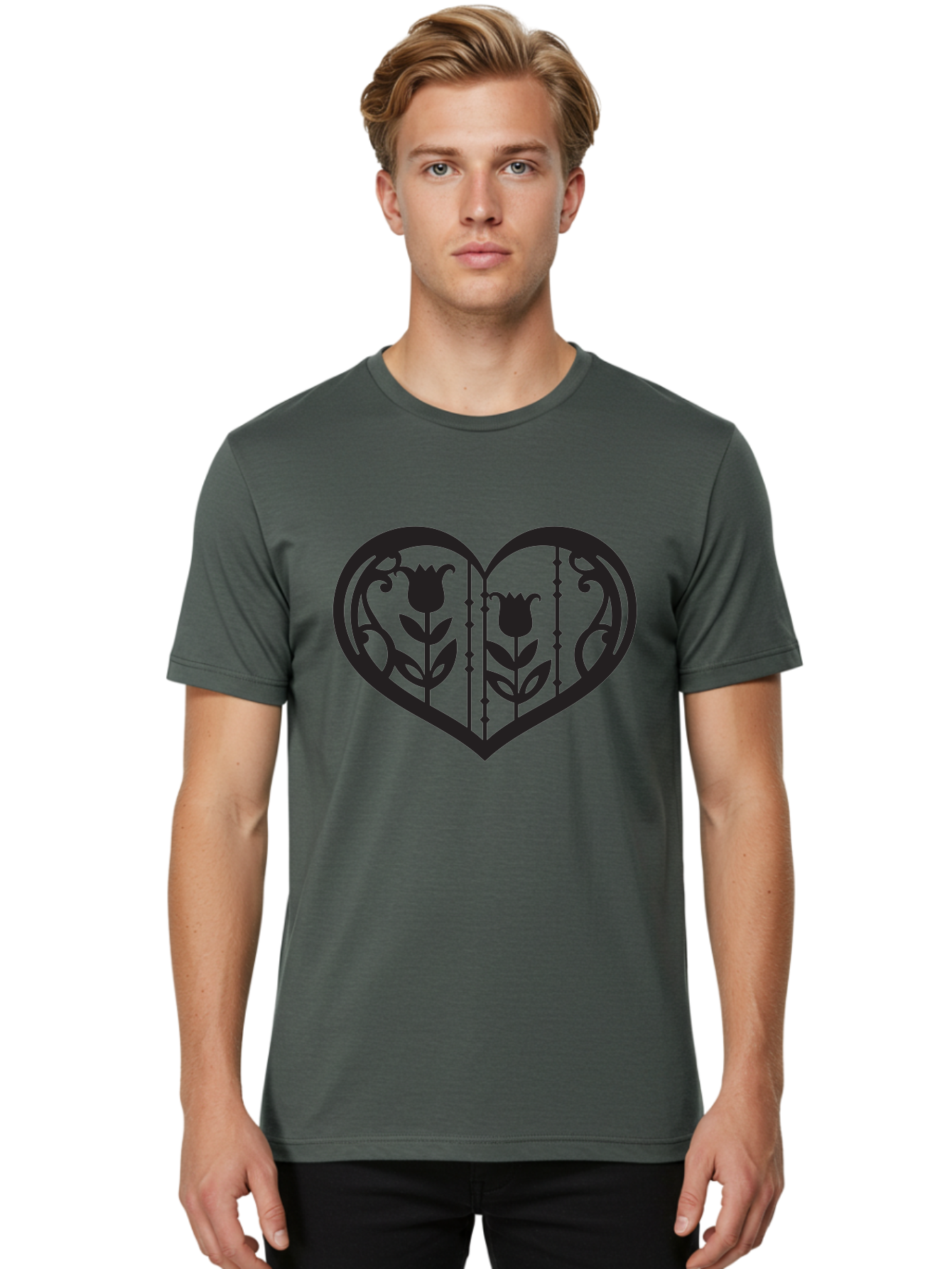 Heart-With-Tulips Men'S Graphic Tee, 100% Cotton, Comfortable Casual Summer Wear, Machine Washable, Tulip Design, Heart Shape, Floral Pattern, Love Symbol, Decorative Art, Valentine'S Theme, Beautiful Flowers Aab285