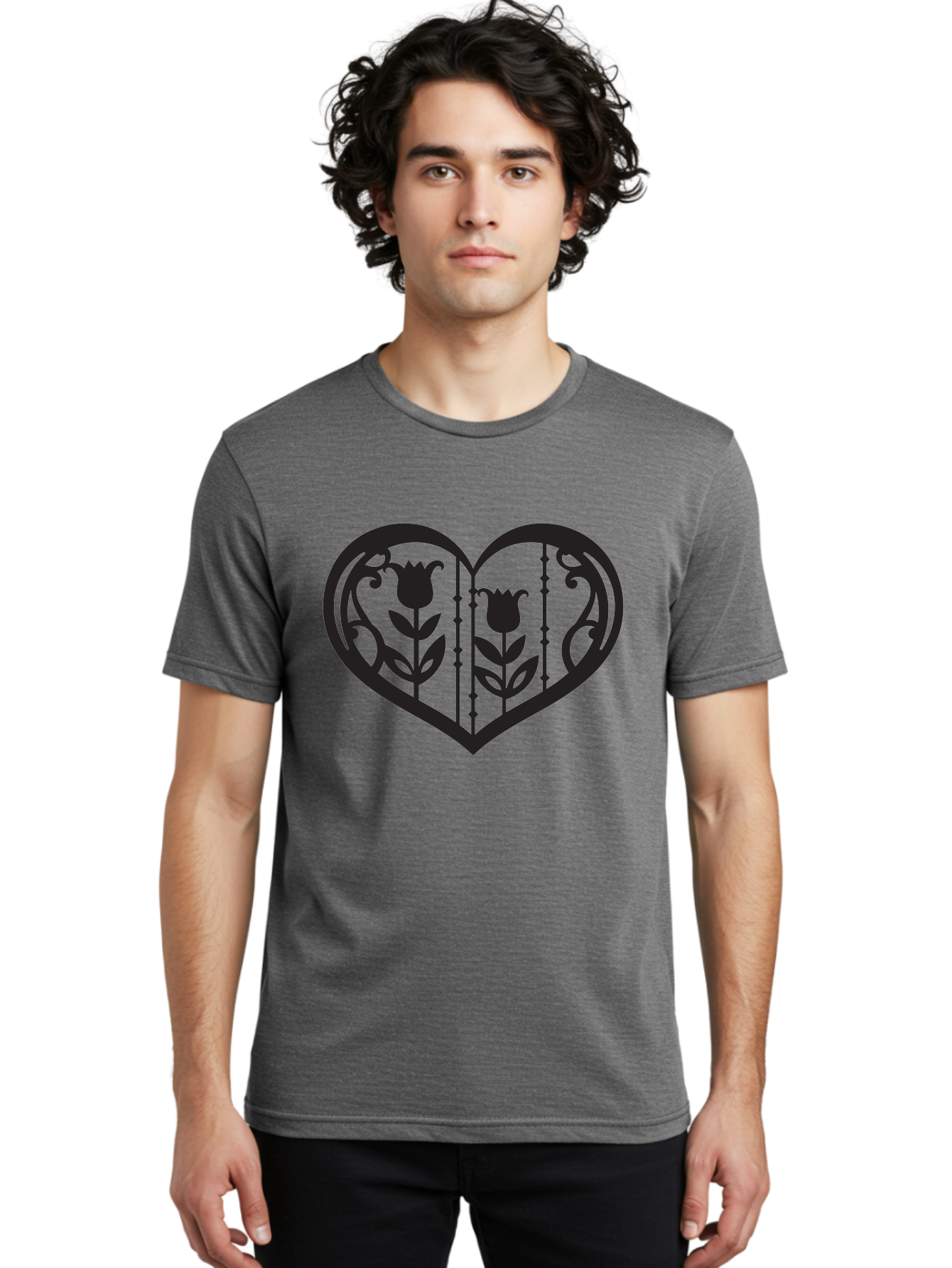Heart-With-Tulips Men'S Graphic Tee, 100% Cotton, Comfortable Casual Summer Wear, Machine Washable, Tulip Design, Heart Shape, Floral Pattern, Love Symbol, Decorative Art, Valentine'S Theme, Beautiful Flowers Aab285
