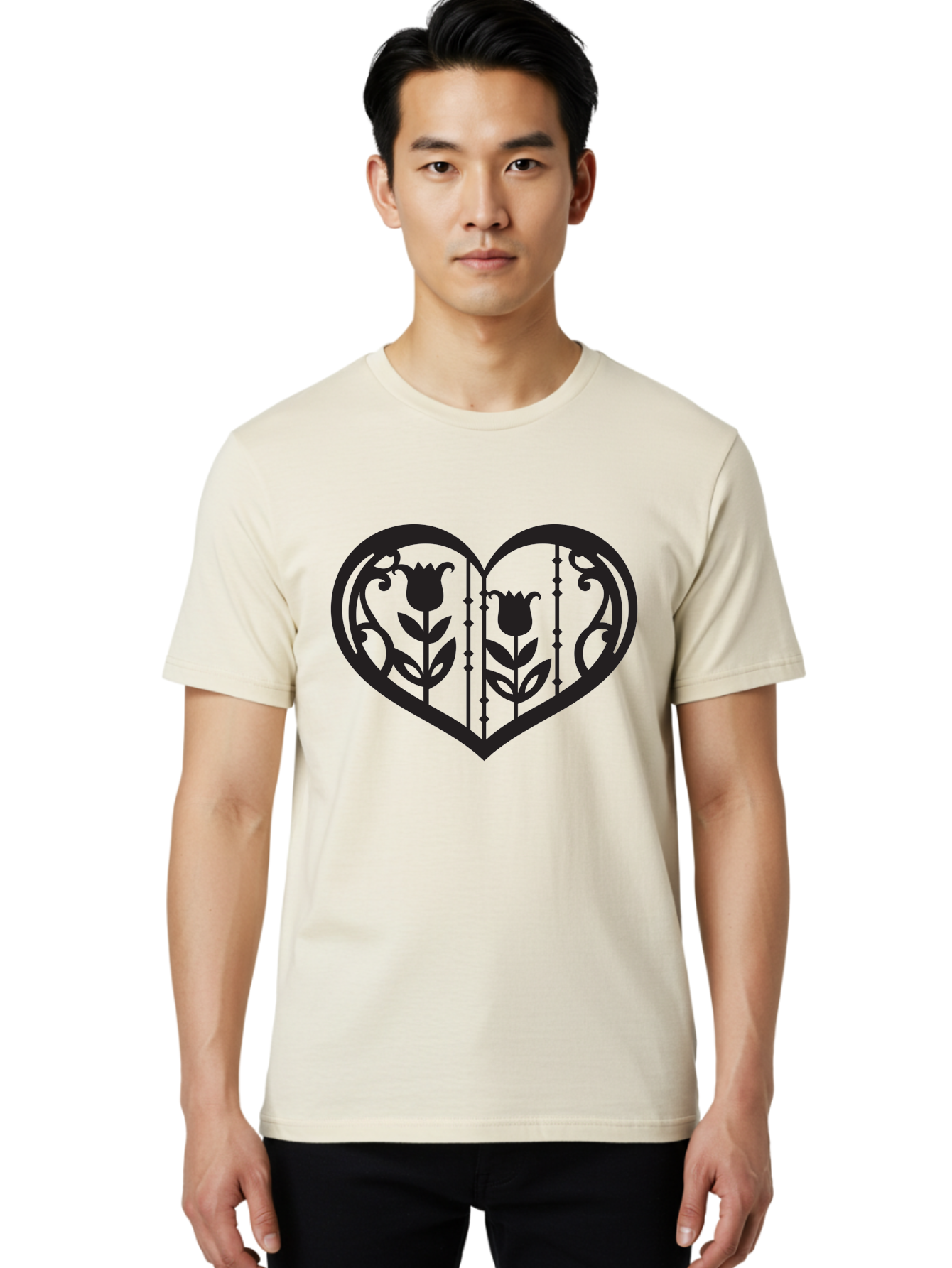 Heart-With-Tulips Men'S Graphic Tee, 100% Cotton, Comfortable Casual Summer Wear, Machine Washable, Tulip Design, Heart Shape, Floral Pattern, Love Symbol, Decorative Art, Valentine'S Theme, Beautiful Flowers Aab285