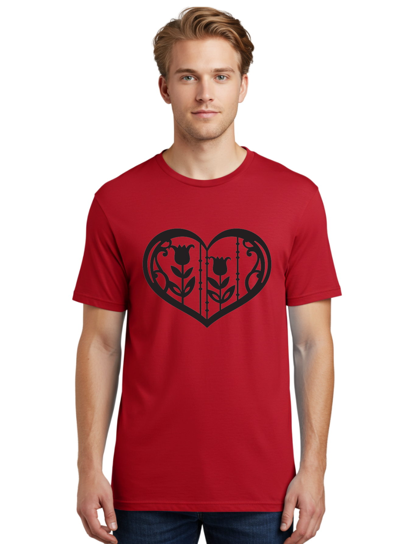 Heart-With-Tulips Men'S Graphic Tee, 100% Cotton, Comfortable Casual Summer Wear, Machine Washable, Tulip Design, Heart Shape, Floral Pattern, Love Symbol, Decorative Art, Valentine'S Theme, Beautiful Flowers Aab285