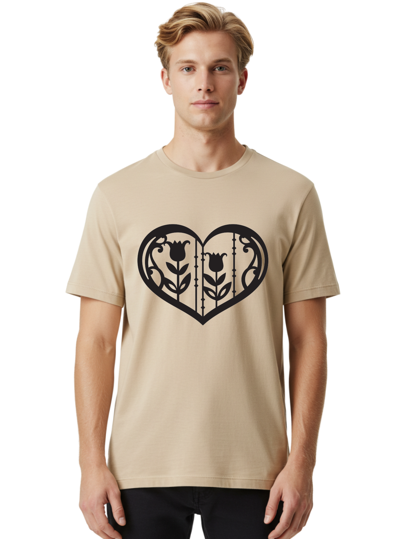 Heart-With-Tulips Men'S Graphic Tee, 100% Cotton, Comfortable Casual Summer Wear, Machine Washable, Tulip Design, Heart Shape, Floral Pattern, Love Symbol, Decorative Art, Valentine'S Theme, Beautiful Flowers Aab285