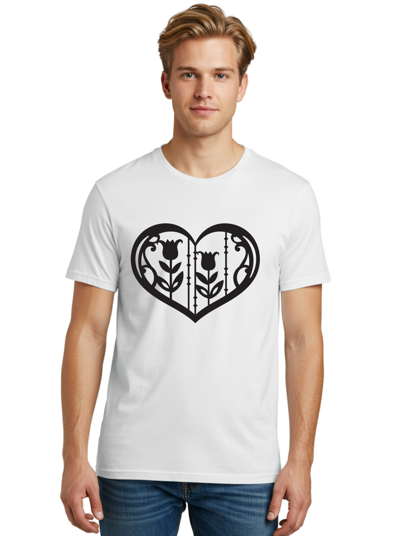 Heart-With-Tulips Men'S Graphic Tee, 100% Cotton, Comfortable Casual Summer Wear, Machine Washable, Tulip Design, Heart Shape, Floral Pattern, Love Symbol, Decorative Art, Valentine'S Theme, Beautiful Flowers Aab285