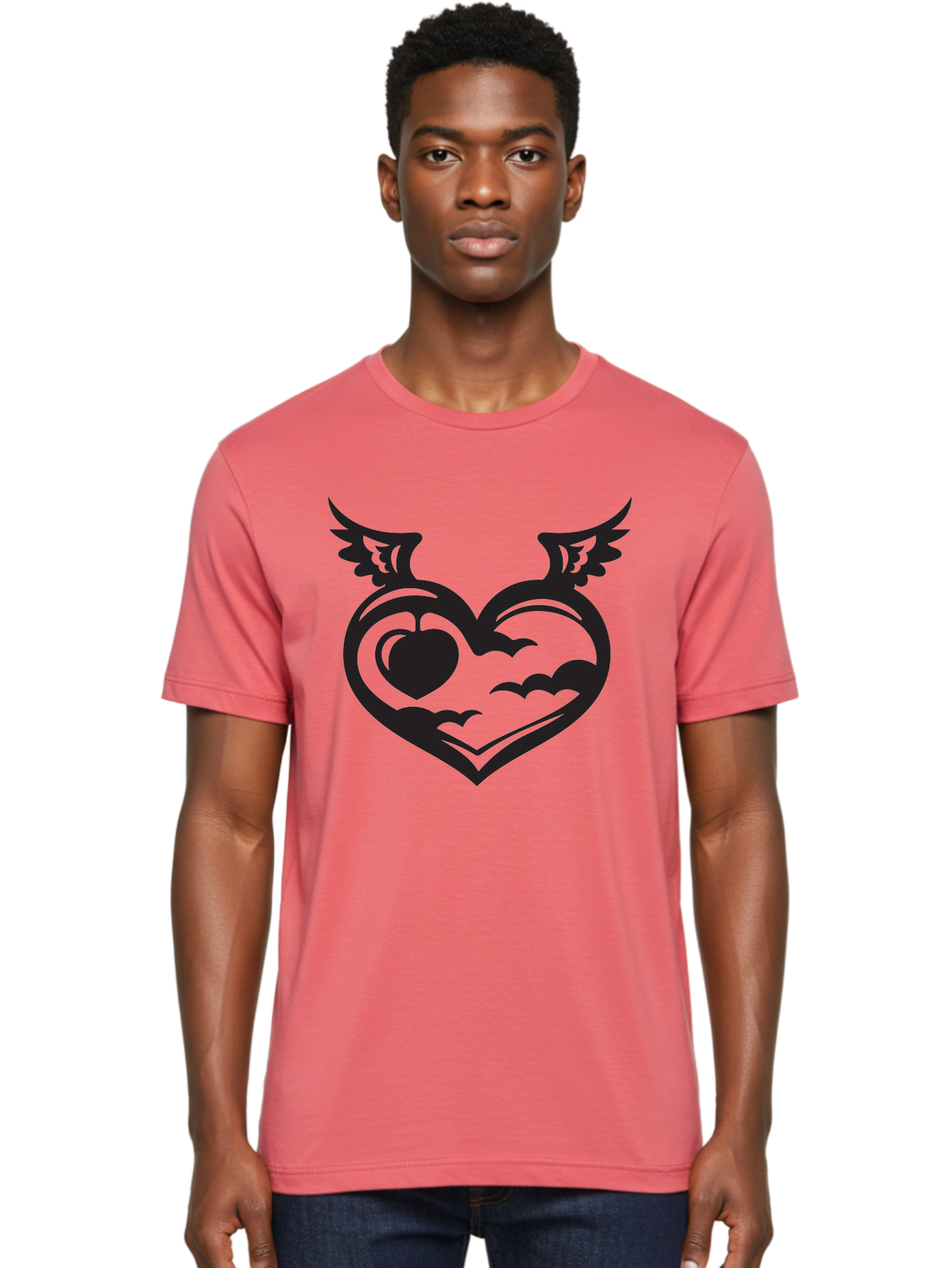 Heart-With-Wings-And-Apple Men'S Graphic Tee, 100% Cotton, Comfortable Casual Summer Wear, Machine Washable, Winged Heart Symbol, Heart With Wings, Apple Inside Heart, Symbolic Artwork, Tattoo Design, Love Icon, Heart Icon, Aab286
