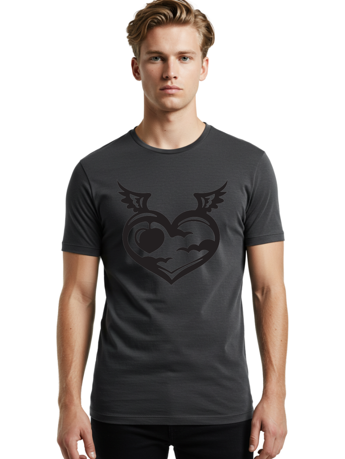 Heart-With-Wings-And-Apple Men'S Graphic Tee, 100% Cotton, Comfortable Casual Summer Wear, Machine Washable, Winged Heart Symbol, Heart With Wings, Apple Inside Heart, Symbolic Artwork, Tattoo Design, Love Icon, Heart Icon, Aab286