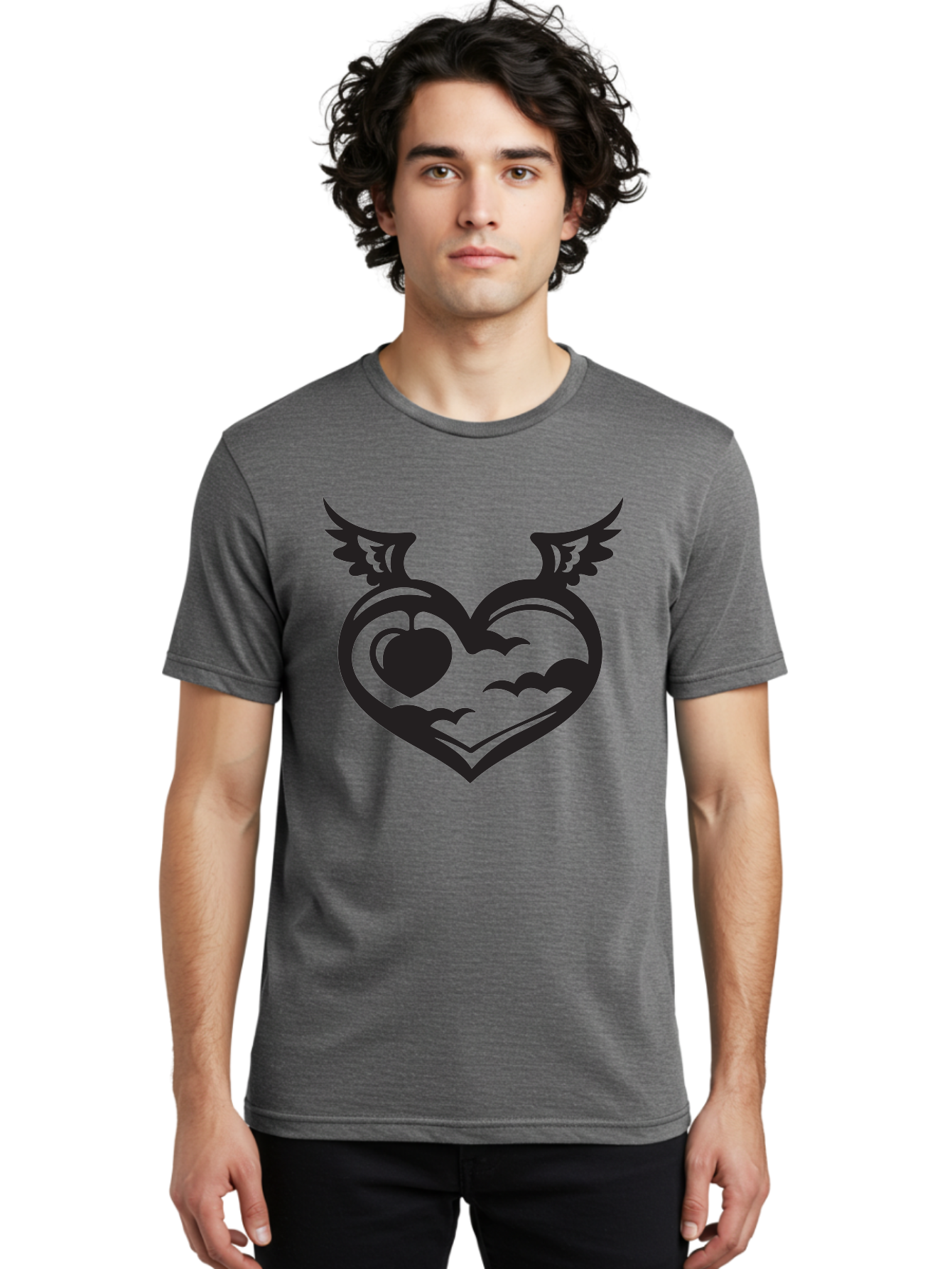 Heart-With-Wings-And-Apple Men'S Graphic Tee, 100% Cotton, Comfortable Casual Summer Wear, Machine Washable, Winged Heart Symbol, Heart With Wings, Apple Inside Heart, Symbolic Artwork, Tattoo Design, Love Icon, Heart Icon, Aab286