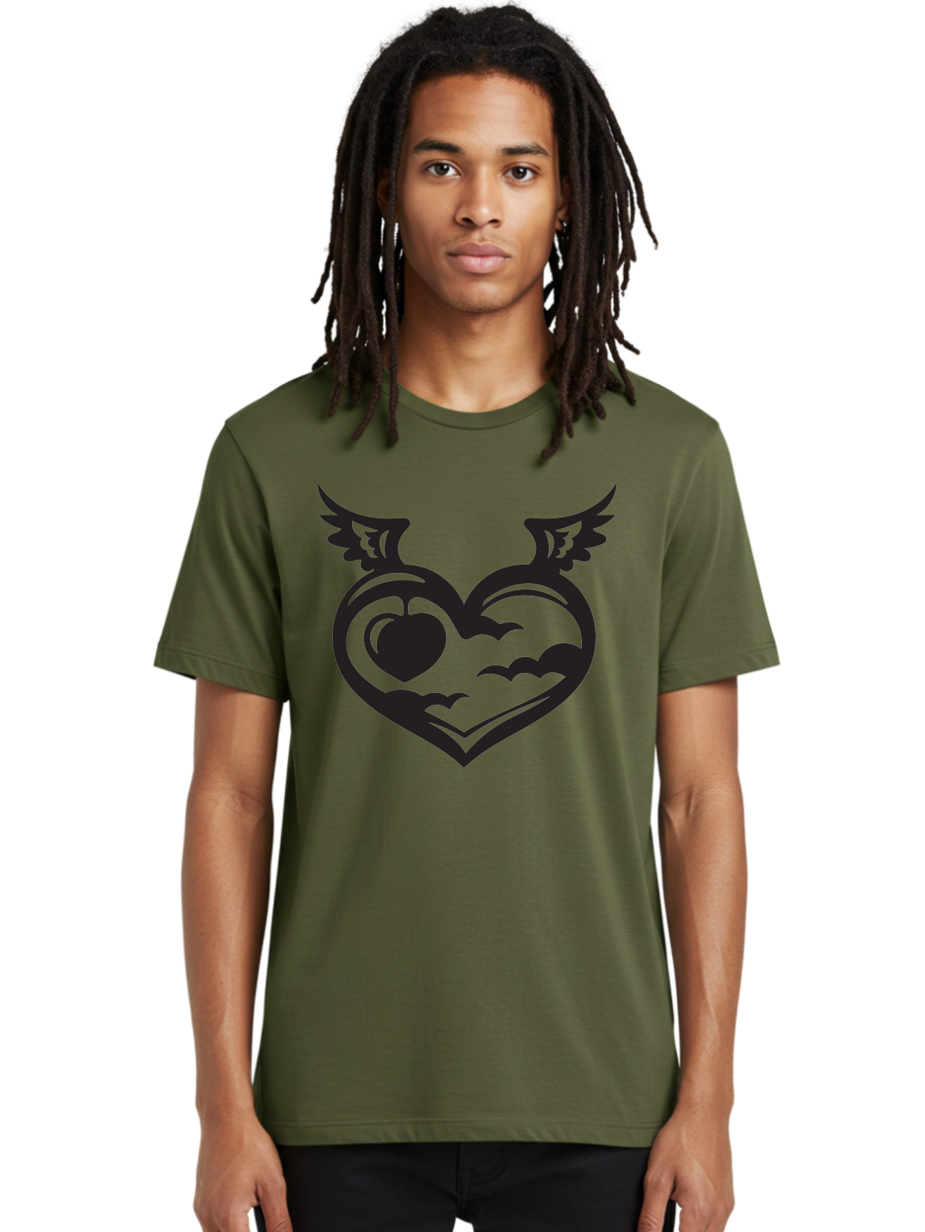 Heart-With-Wings-And-Apple Men'S Graphic Tee, 100% Cotton, Comfortable Casual Summer Wear, Machine Washable, Winged Heart Symbol, Heart With Wings, Apple Inside Heart, Symbolic Artwork, Tattoo Design, Love Icon, Heart Icon, Aab286