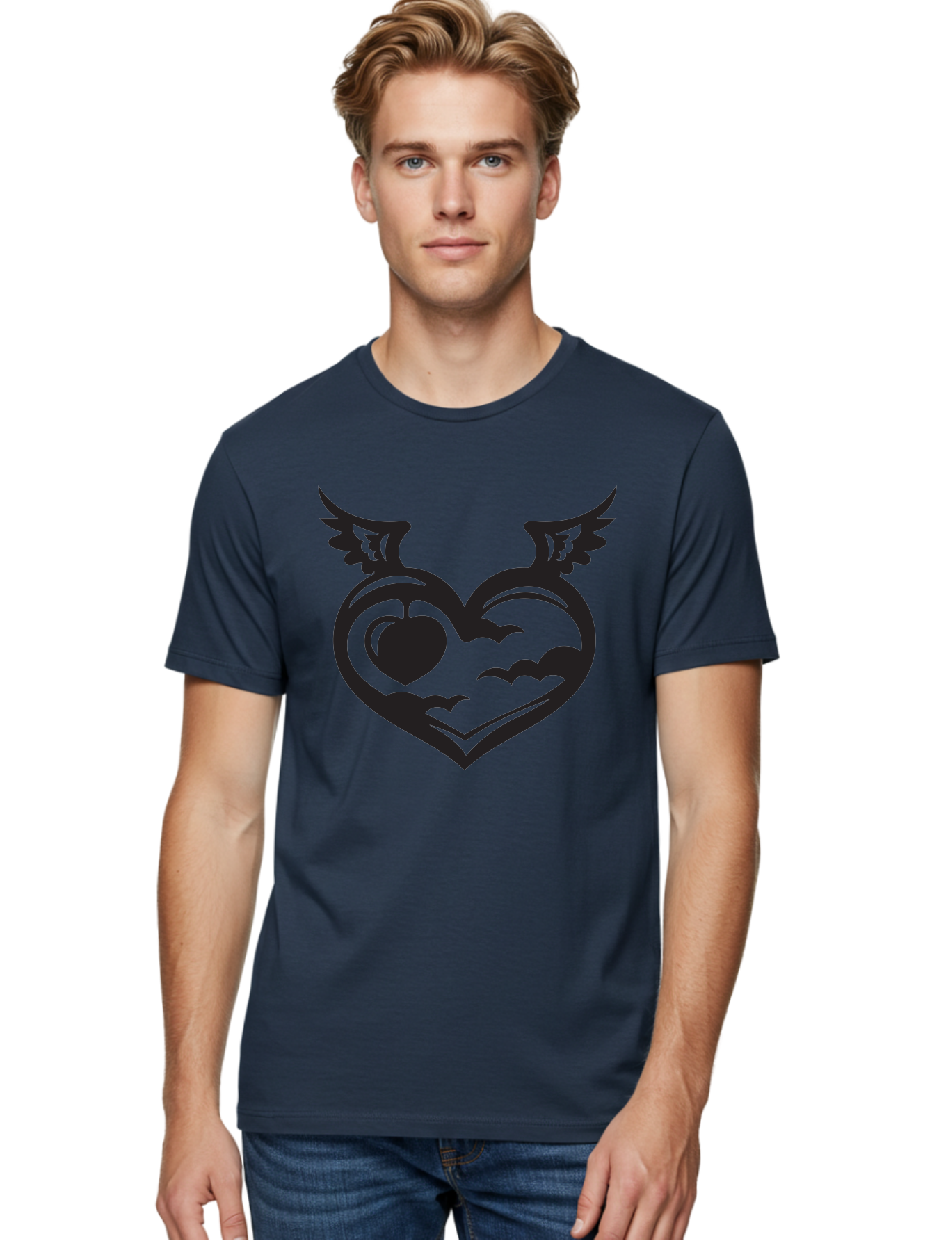 Heart-With-Wings-And-Apple Men'S Graphic Tee, 100% Cotton, Comfortable Casual Summer Wear, Machine Washable, Winged Heart Symbol, Heart With Wings, Apple Inside Heart, Symbolic Artwork, Tattoo Design, Love Icon, Heart Icon, Aab286