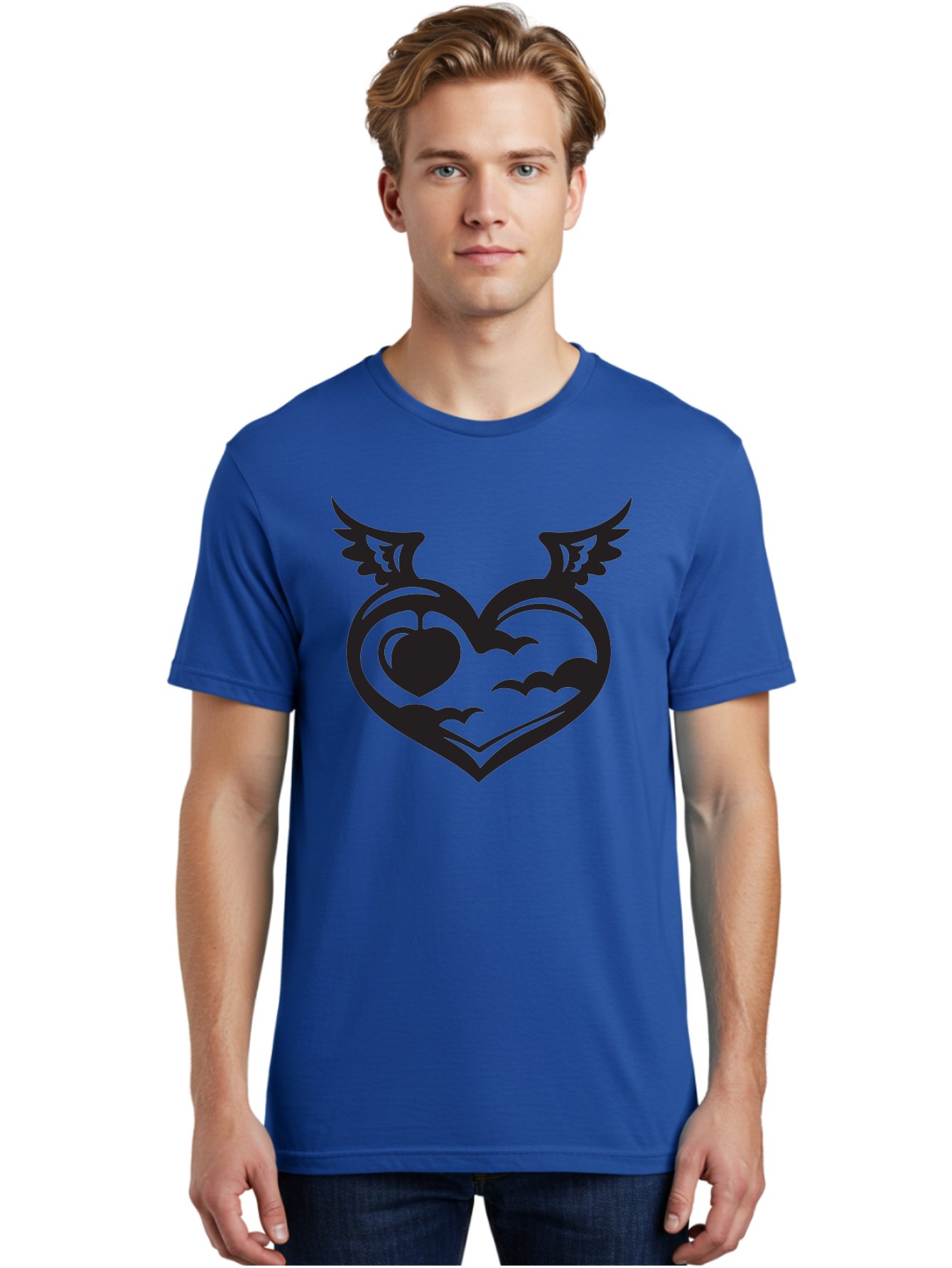 Heart-With-Wings-And-Apple Men'S Graphic Tee, 100% Cotton, Comfortable Casual Summer Wear, Machine Washable, Winged Heart Symbol, Heart With Wings, Apple Inside Heart, Symbolic Artwork, Tattoo Design, Love Icon, Heart Icon, Aab286