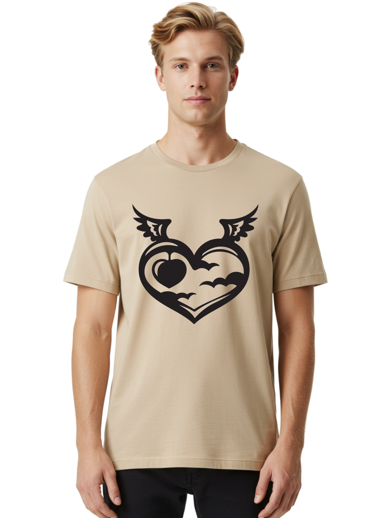 Heart-With-Wings-And-Apple Men'S Graphic Tee, 100% Cotton, Comfortable Casual Summer Wear, Machine Washable, Winged Heart Symbol, Heart With Wings, Apple Inside Heart, Symbolic Artwork, Tattoo Design, Love Icon, Heart Icon, Aab286