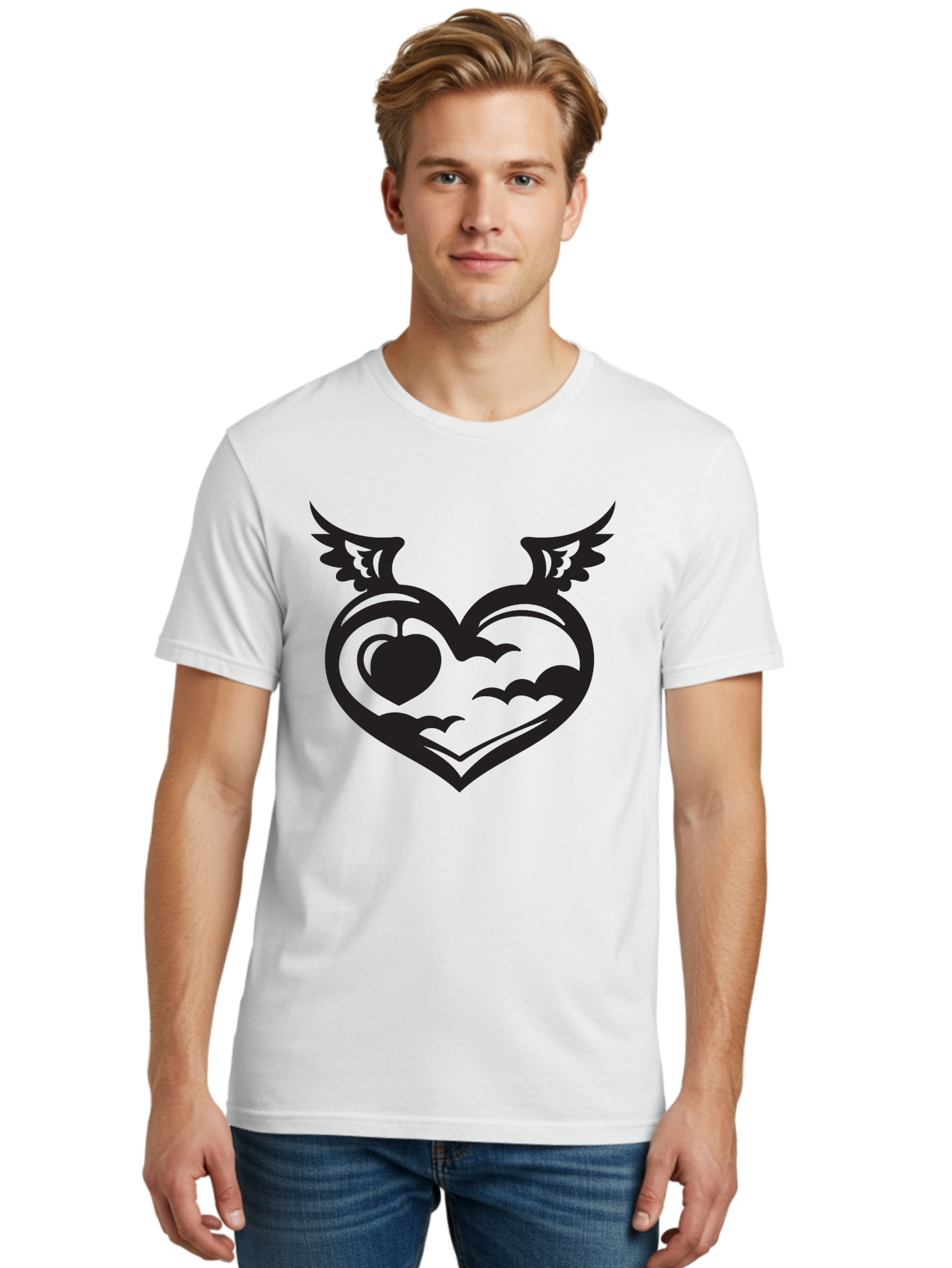 Heart-With-Wings-And-Apple Men'S Graphic Tee, 100% Cotton, Comfortable Casual Summer Wear, Machine Washable, Winged Heart Symbol, Heart With Wings, Apple Inside Heart, Symbolic Artwork, Tattoo Design, Love Icon, Heart Icon, Aab286