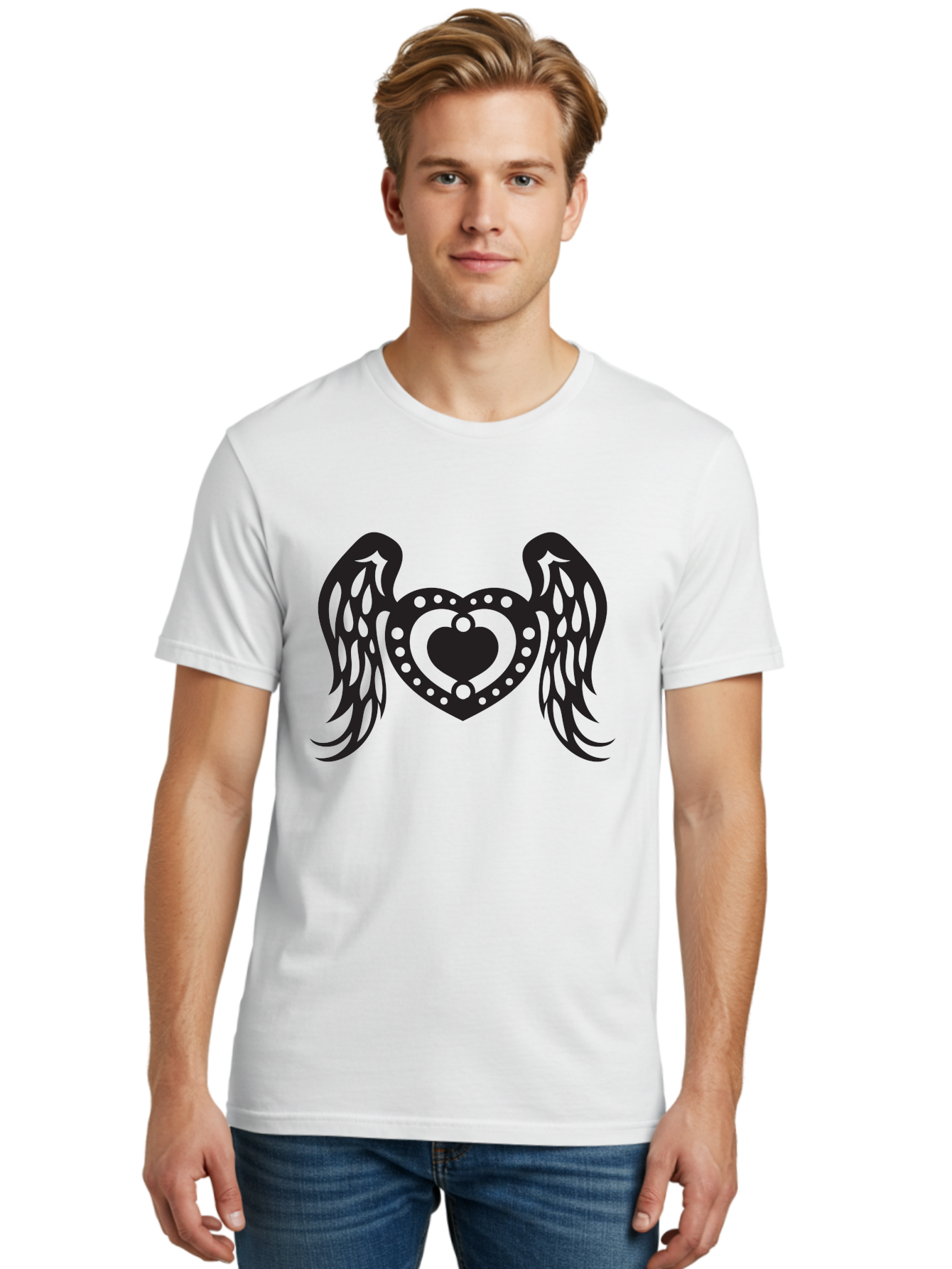 Heart-With-Wings Men'S Graphic Tee, 100% Cotton, Comfortable Casual Summer Wear, Machine Washable, Heart With Wings, Decorative Heart Design, Symbolic Heart Art, Winged Heart Illustration, Love Symbol, Heart Icon, Angel Wings, Aab287