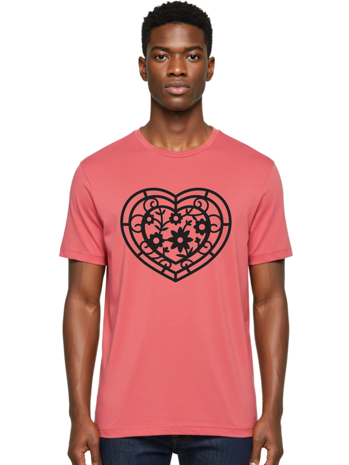 Heart Men'S Graphic Tee, 100% Cotton, Comfortable Casual Summer Wear, Machine Washable, Heart Shape, Floral Patterns, Black Outline, Ornate Details, Vintage Style, Love Symbol, Floral Motifs, Decorative Art Aab288