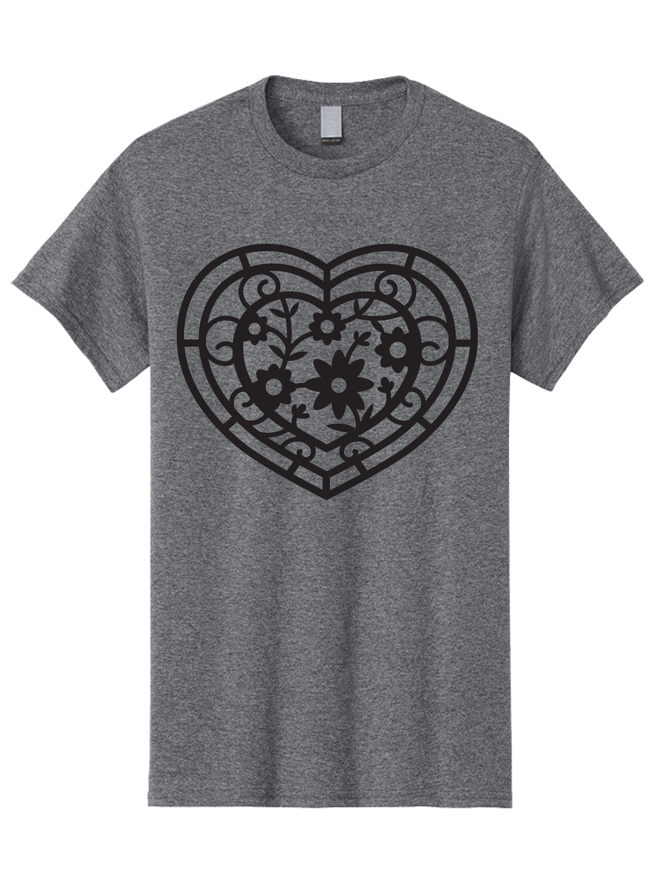 Heart Men'S Graphic Tee, 100% Cotton, Comfortable Casual Summer Wear, Machine Washable, Heart Shape, Floral Patterns, Black Outline, Ornate Details, Vintage Style, Love Symbol, Floral Motifs, Decorative Art Aab288