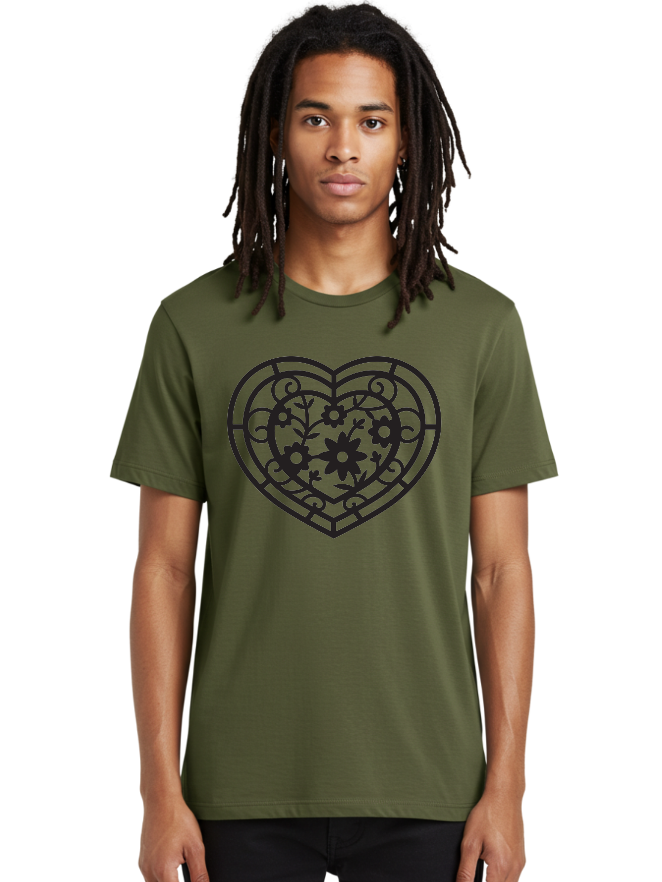 Heart Men'S Graphic Tee, 100% Cotton, Comfortable Casual Summer Wear, Machine Washable, Heart Shape, Floral Patterns, Black Outline, Ornate Details, Vintage Style, Love Symbol, Floral Motifs, Decorative Art Aab288