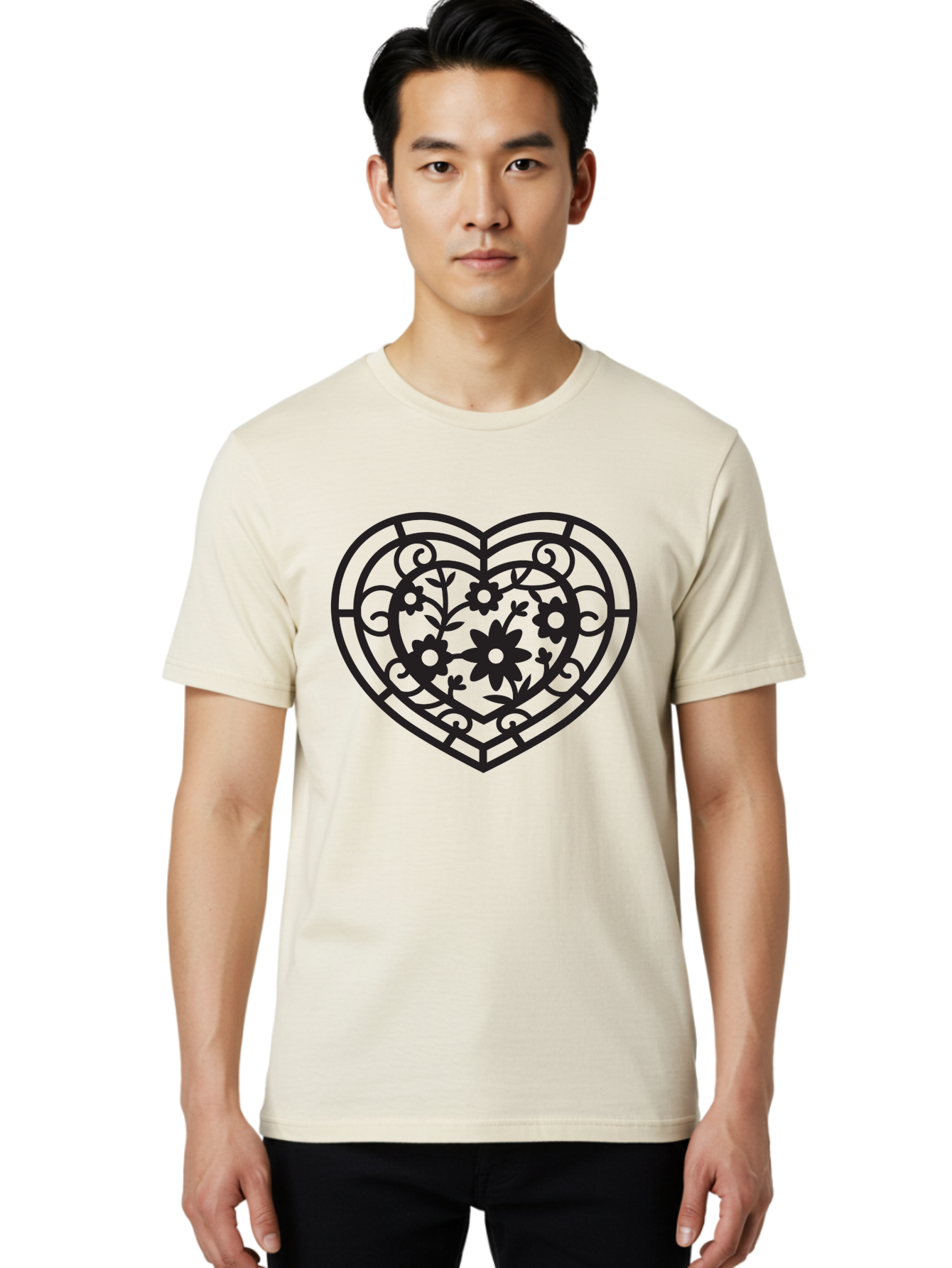 Heart Men'S Graphic Tee, 100% Cotton, Comfortable Casual Summer Wear, Machine Washable, Heart Shape, Floral Patterns, Black Outline, Ornate Details, Vintage Style, Love Symbol, Floral Motifs, Decorative Art Aab288
