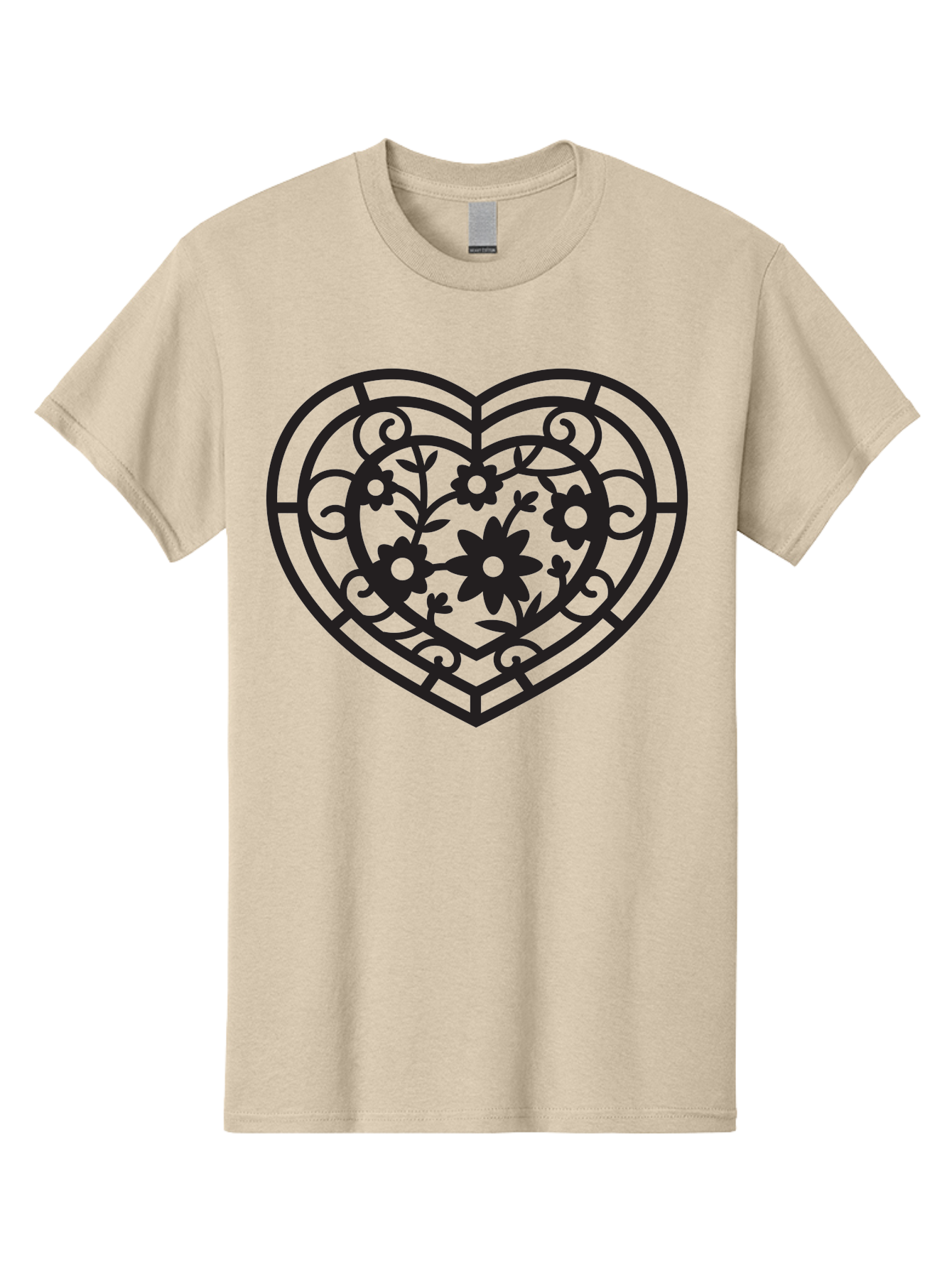 Heart Men'S Graphic Tee, 100% Cotton, Comfortable Casual Summer Wear, Machine Washable, Heart Shape, Floral Patterns, Black Outline, Ornate Details, Vintage Style, Love Symbol, Floral Motifs, Decorative Art Aab288