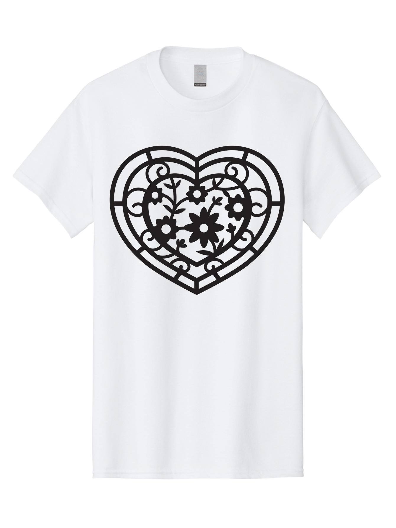 Heart Men'S Graphic Tee, 100% Cotton, Comfortable Casual Summer Wear, Machine Washable, Heart Shape, Floral Patterns, Black Outline, Ornate Details, Vintage Style, Love Symbol, Floral Motifs, Decorative Art Aab288