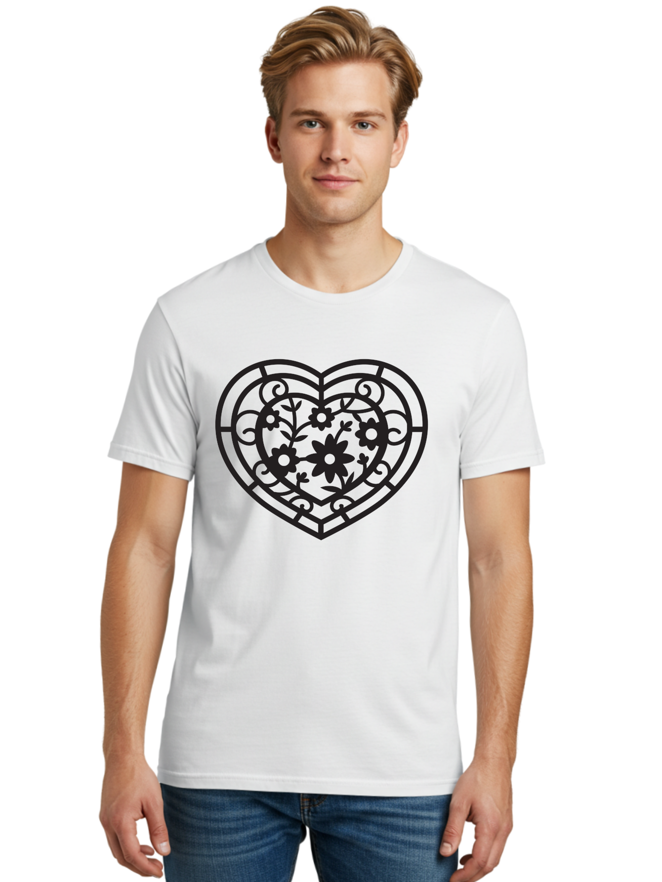 Heart Men'S Graphic Tee, 100% Cotton, Comfortable Casual Summer Wear, Machine Washable, Heart Shape, Floral Patterns, Black Outline, Ornate Details, Vintage Style, Love Symbol, Floral Motifs, Decorative Art Aab288