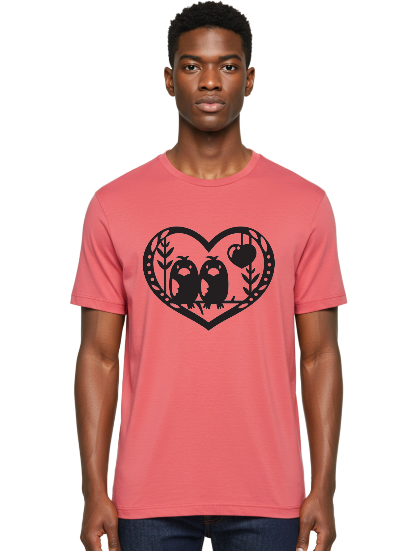 Love-Birds-1 Men'S Graphic Tee, 100% Cotton, Comfortable Casual Summer Wear, Machine Washable, Pair Of Birds Perched On Branch, Heart-Shaped Frame, Love Symbolism, Decorative Design, Minimalist Style, Simple Shapes, Cute Illustration, Aab291