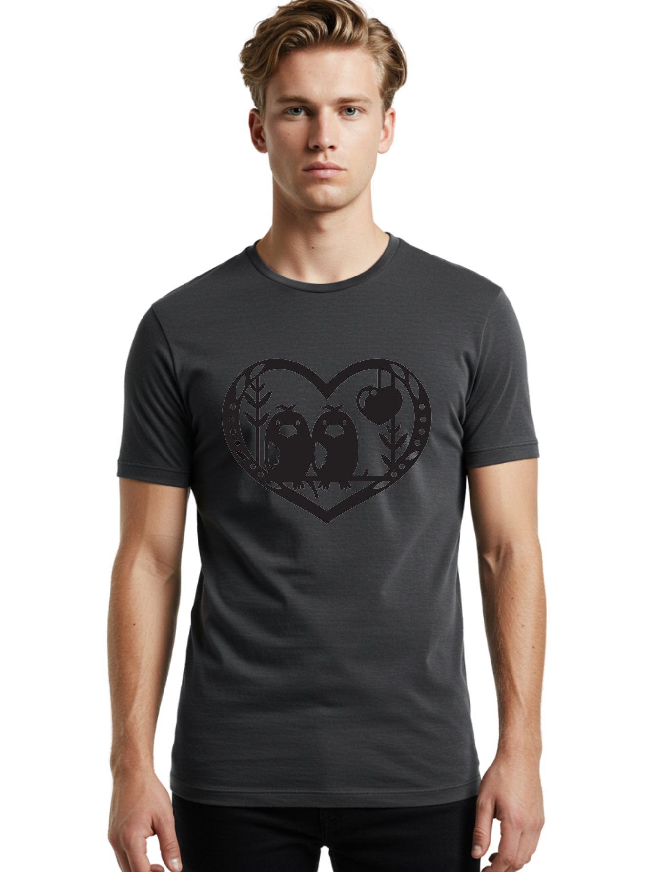 Love-Birds-1 Men'S Graphic Tee, 100% Cotton, Comfortable Casual Summer Wear, Machine Washable, Pair Of Birds Perched On Branch, Heart-Shaped Frame, Love Symbolism, Decorative Design, Minimalist Style, Simple Shapes, Cute Illustration, Aab291