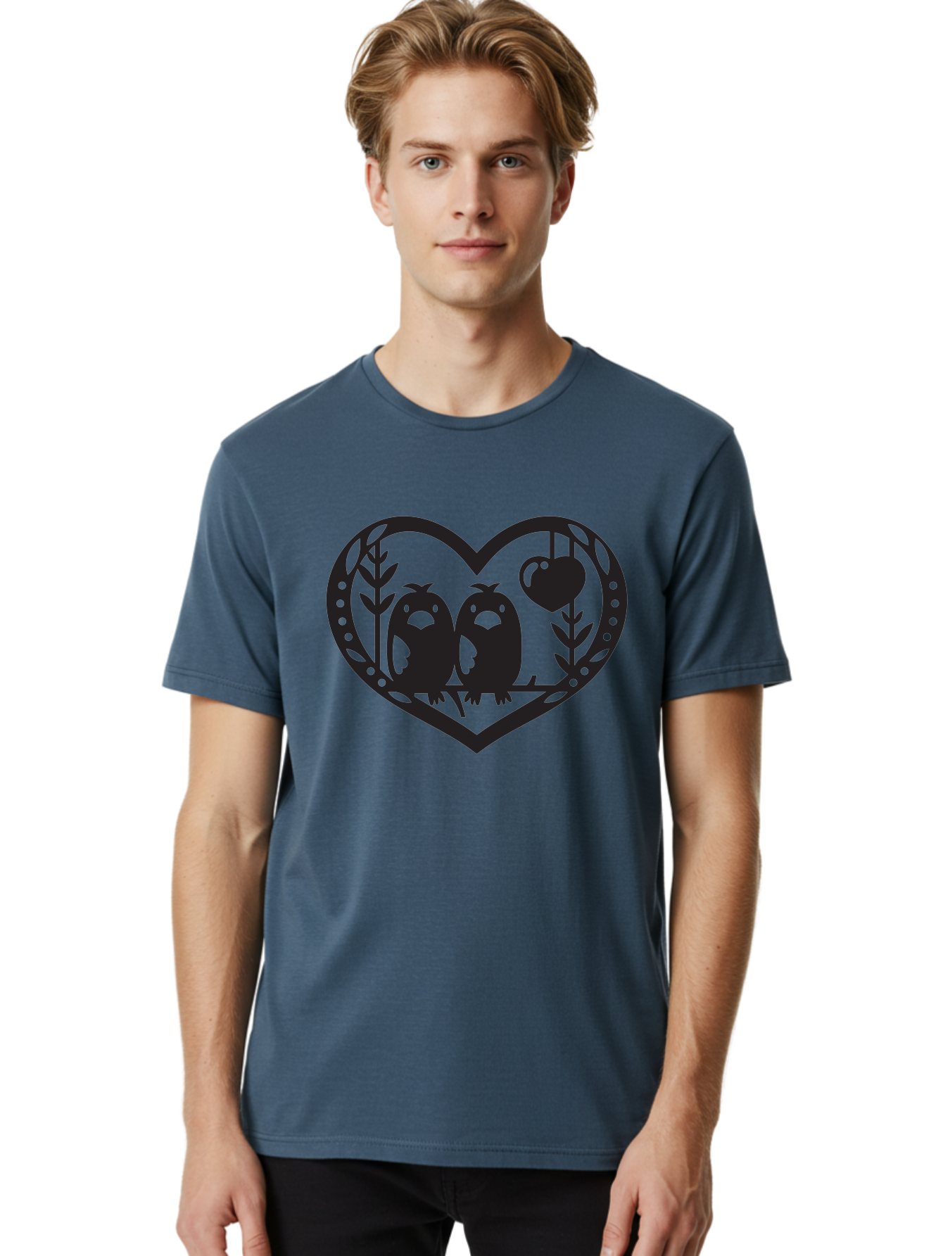 Love-Birds-1 Men'S Graphic Tee, 100% Cotton, Comfortable Casual Summer Wear, Machine Washable, Pair Of Birds Perched On Branch, Heart-Shaped Frame, Love Symbolism, Decorative Design, Minimalist Style, Simple Shapes, Cute Illustration, Aab291