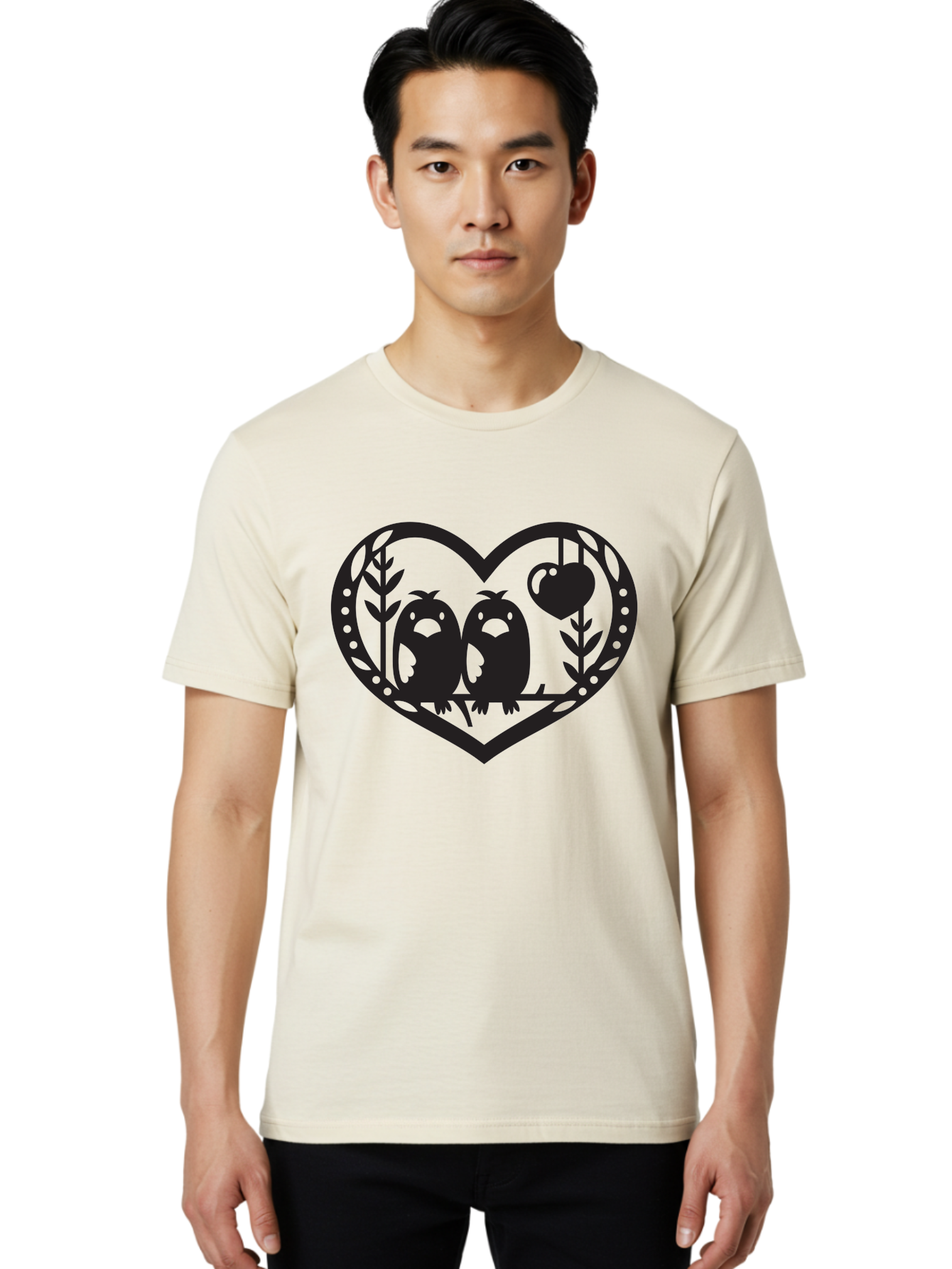 Love-Birds-1 Men'S Graphic Tee, 100% Cotton, Comfortable Casual Summer Wear, Machine Washable, Pair Of Birds Perched On Branch, Heart-Shaped Frame, Love Symbolism, Decorative Design, Minimalist Style, Simple Shapes, Cute Illustration, Aab291