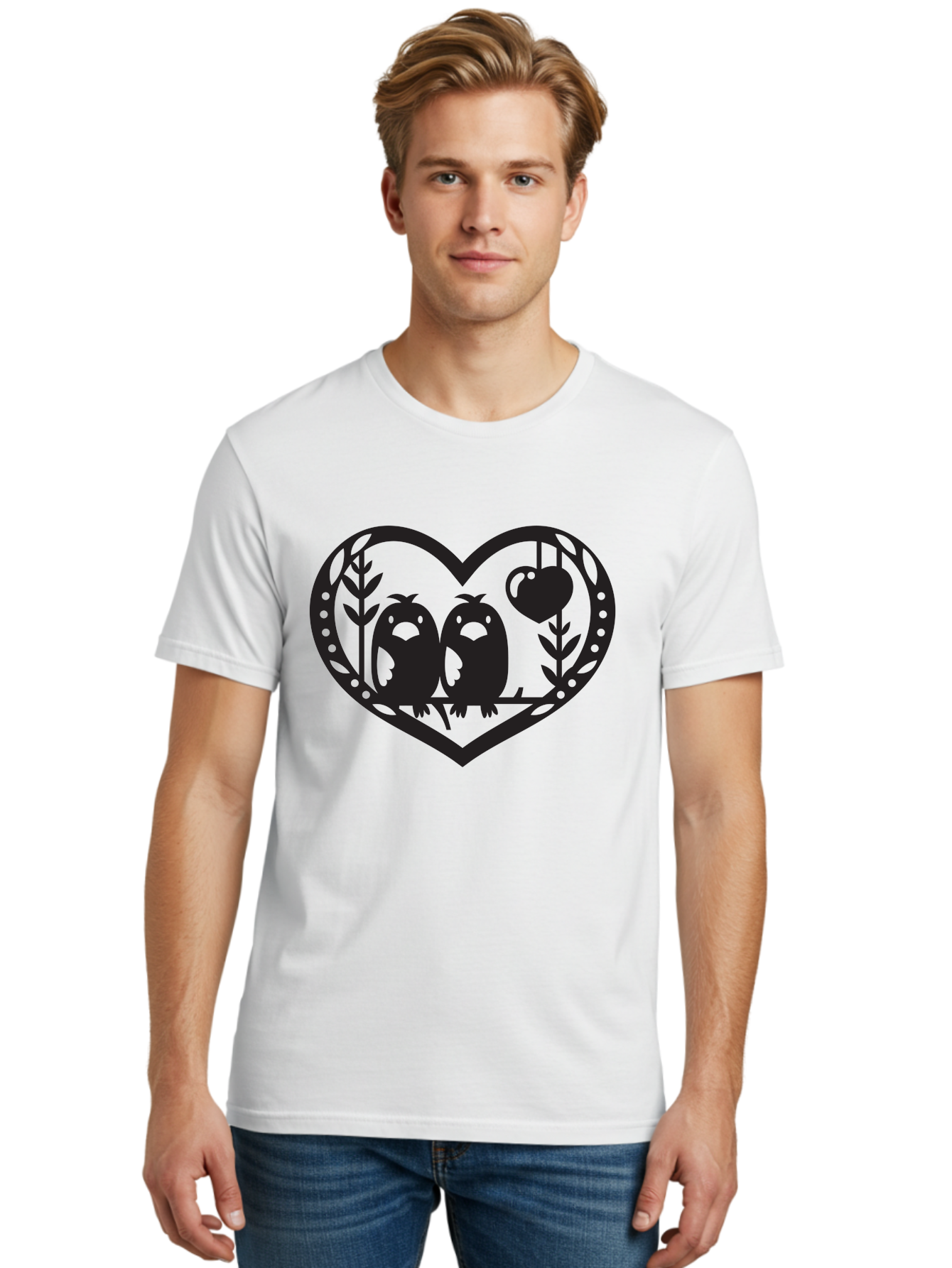 Love-Birds-1 Men'S Graphic Tee, 100% Cotton, Comfortable Casual Summer Wear, Machine Washable, Pair Of Birds Perched On Branch, Heart-Shaped Frame, Love Symbolism, Decorative Design, Minimalist Style, Simple Shapes, Cute Illustration, Aab291
