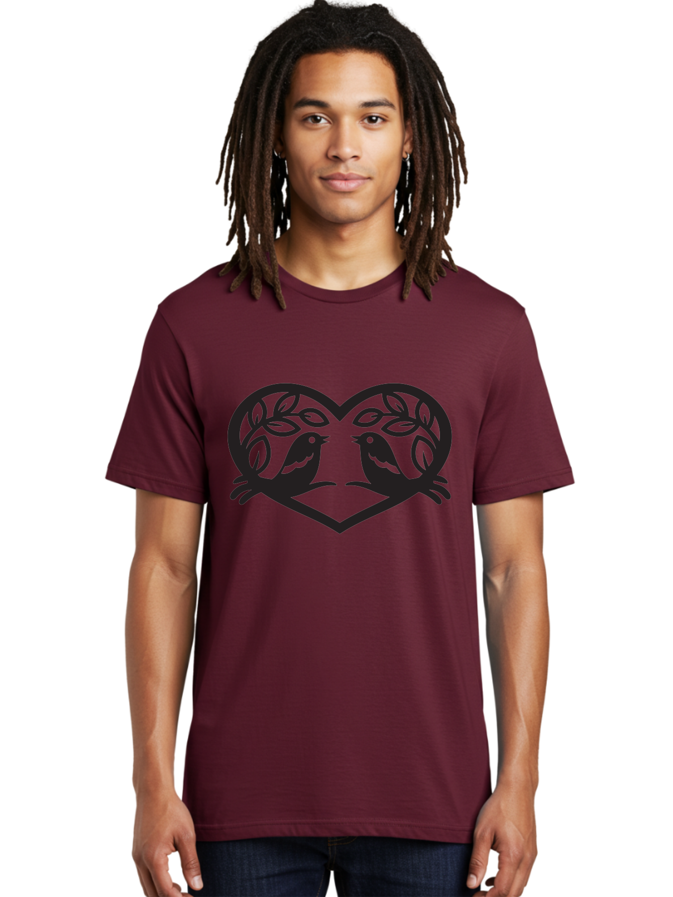 Love-Birds-Heart Men'S Graphic Tee, 100% Cotton, Comfortable Casual Summer Wear, Machine Washable, Love Birds, Heart Shape, Leafy Branches, Couple Birds, Tender Moment, Symbol Of Love, Peaceful Scene, Nature-Inspired Art Aab292