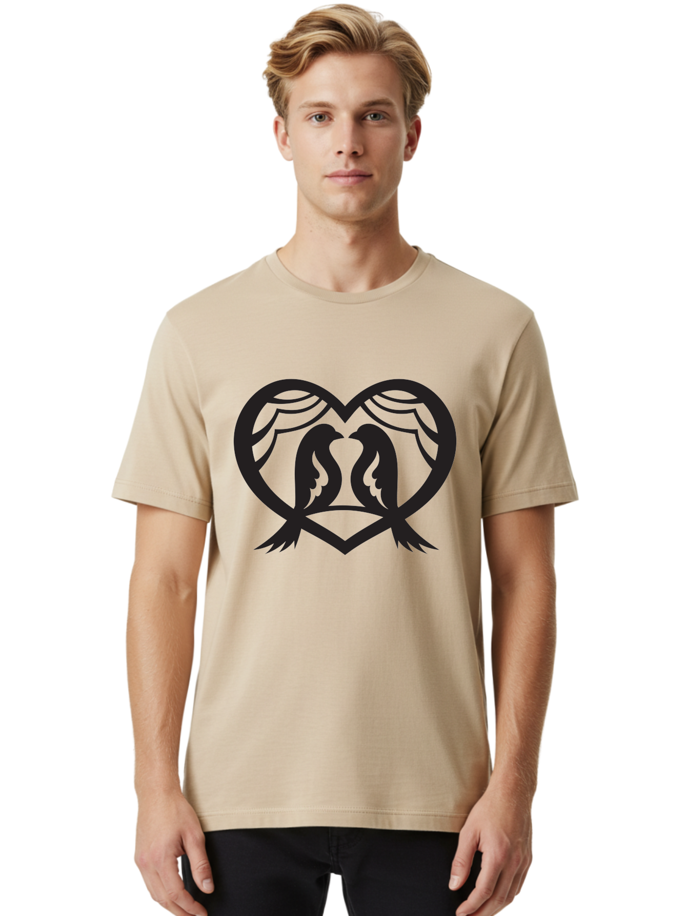 Love-Birds Men'S Graphic Tee, 100% Cotton, Comfortable Casual Summer Wear, Machine Washable, Two Doves, Doves Kissing, Heart Shape, Symbol Of Love, Peaceful Doves, Love Birds, Heart Symbol, Gentle Creatures, Symbolic Art, Dove Hearts Aab293