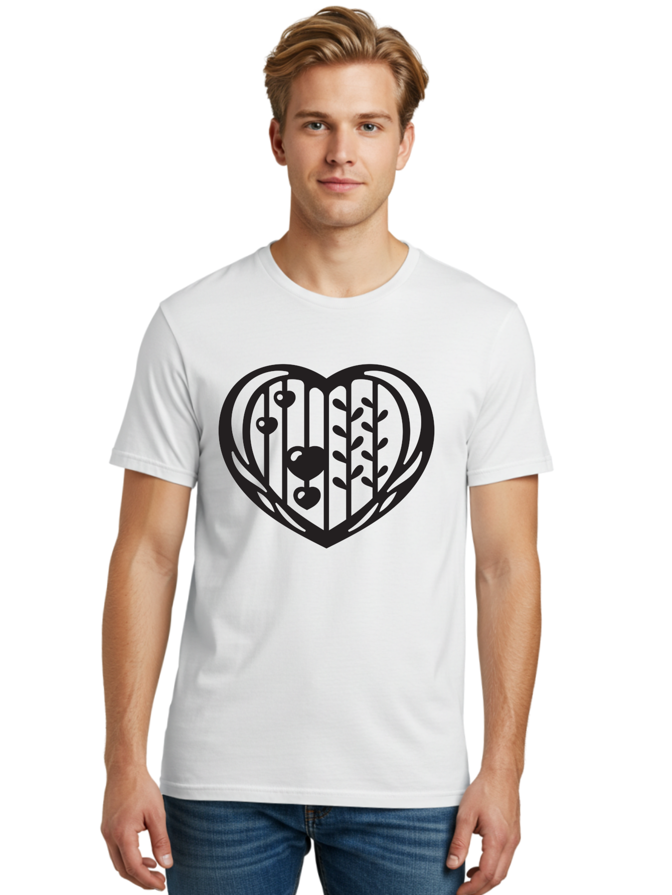 Mobile-Cage-Heart Men'S Graphic Tee, 100% Cotton, Comfortable Casual Summer Wear, Machine Washable, Heart-Shaped Cage, Bird Trapped, Love Symbol, Restricted Freedom, Emotional Confinement, Symbol Of Love, Heart, Birdcage Aab295