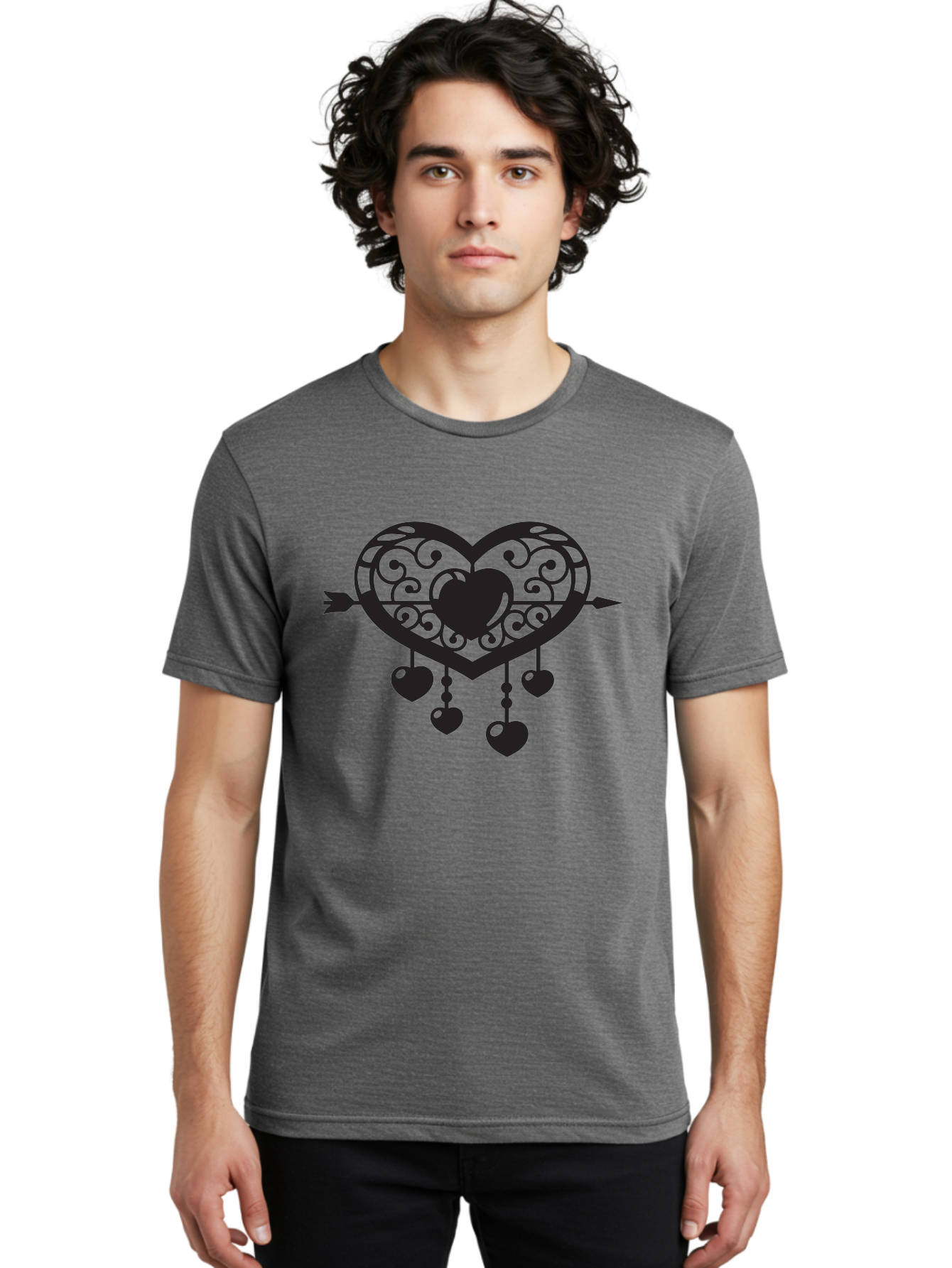 Pierced-Ornate-Heart Men'S Graphic Tee, 100% Cotton, Comfortable Casual Summer Wear, Machine Washable, Heart Pierced By Arrow, Ornate Heart Design, Dangling Hearts, Symbolic Love, Valentines Day Theme, Decorative Hearts, Romantic Gesture, Aab297