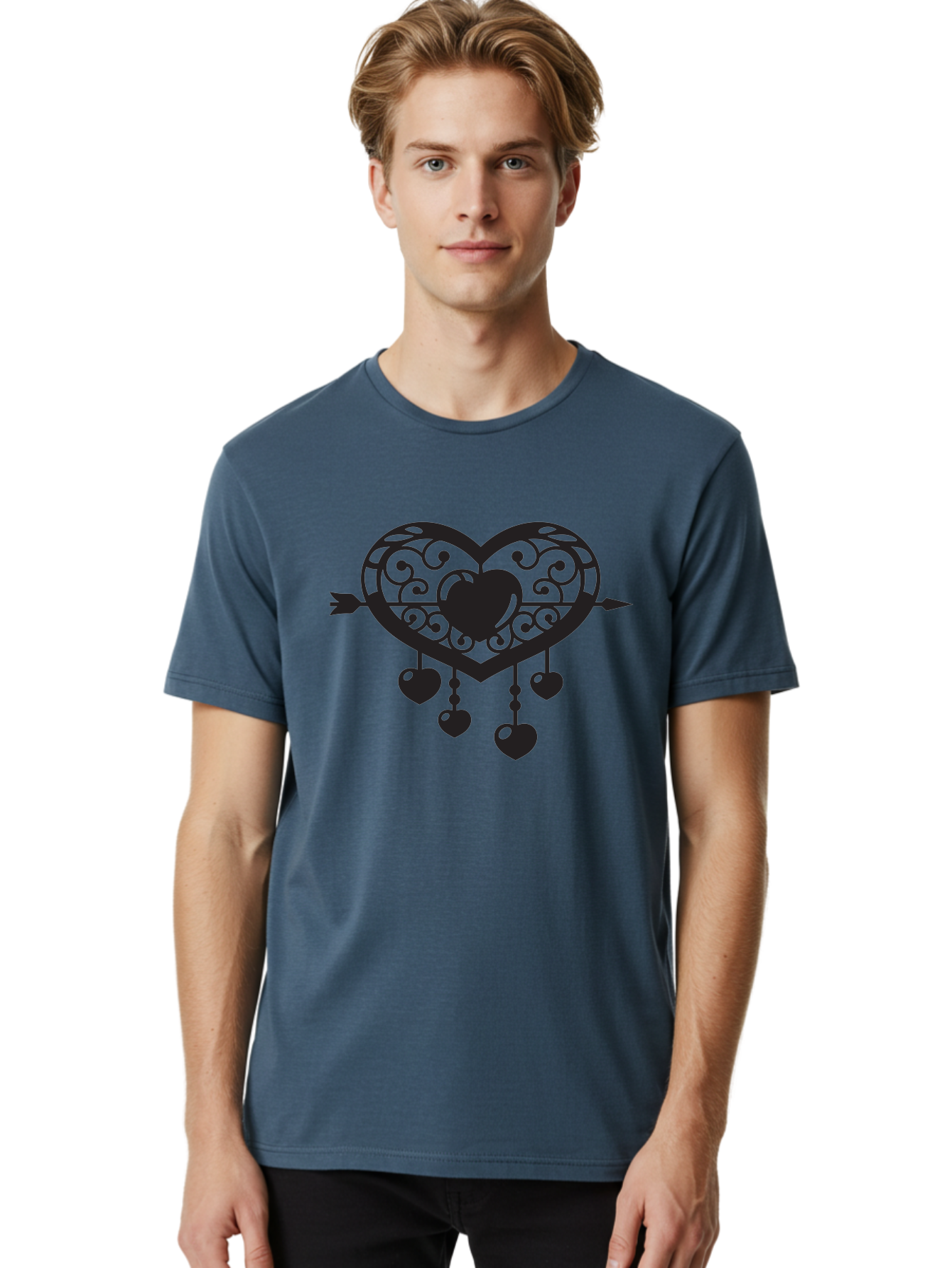 Pierced-Ornate-Heart Men'S Graphic Tee, 100% Cotton, Comfortable Casual Summer Wear, Machine Washable, Heart Pierced By Arrow, Ornate Heart Design, Dangling Hearts, Symbolic Love, Valentines Day Theme, Decorative Hearts, Romantic Gesture, Aab297