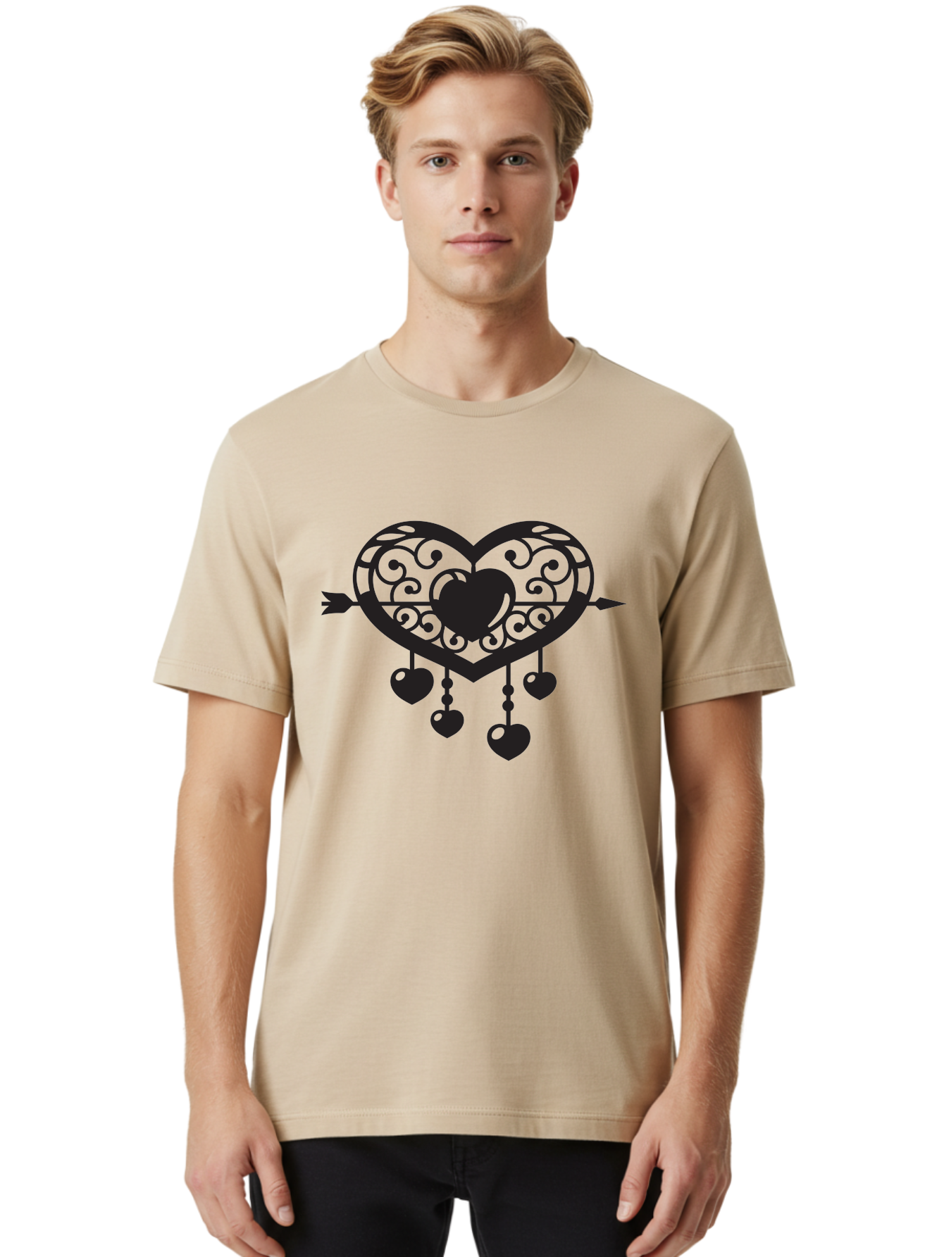 Pierced-Ornate-Heart Men'S Graphic Tee, 100% Cotton, Comfortable Casual Summer Wear, Machine Washable, Heart Pierced By Arrow, Ornate Heart Design, Dangling Hearts, Symbolic Love, Valentines Day Theme, Decorative Hearts, Romantic Gesture, Aab297