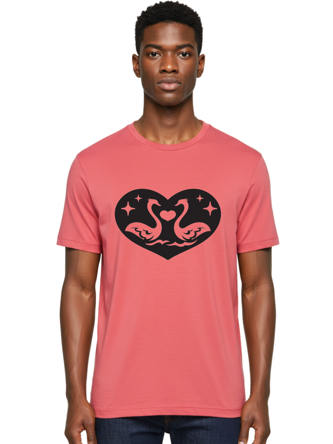 Swans-And-Heart Men'S Graphic Tee, 100% Cotton, Comfortable Casual Summer Wear, Machine Washable, Two Swans Forming A Heart Shape, Love Symbol, Swan Illustration, Heart-Shaped Graphic, Romantic Emblem, Starry Design, Whimsical Art, Love Art, Aab298