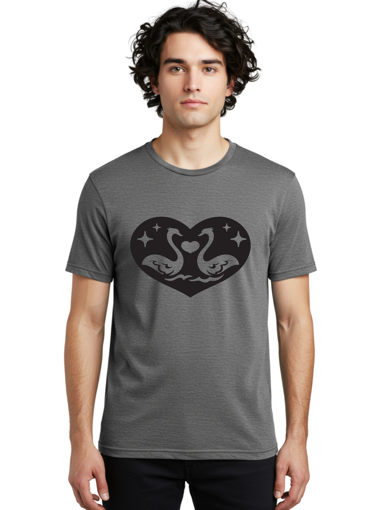 Swans-And-Heart Men'S Graphic Tee, 100% Cotton, Comfortable Casual Summer Wear, Machine Washable, Two Swans Forming A Heart Shape, Love Symbol, Swan Illustration, Heart-Shaped Graphic, Romantic Emblem, Starry Design, Whimsical Art, Love Art, Aab298
