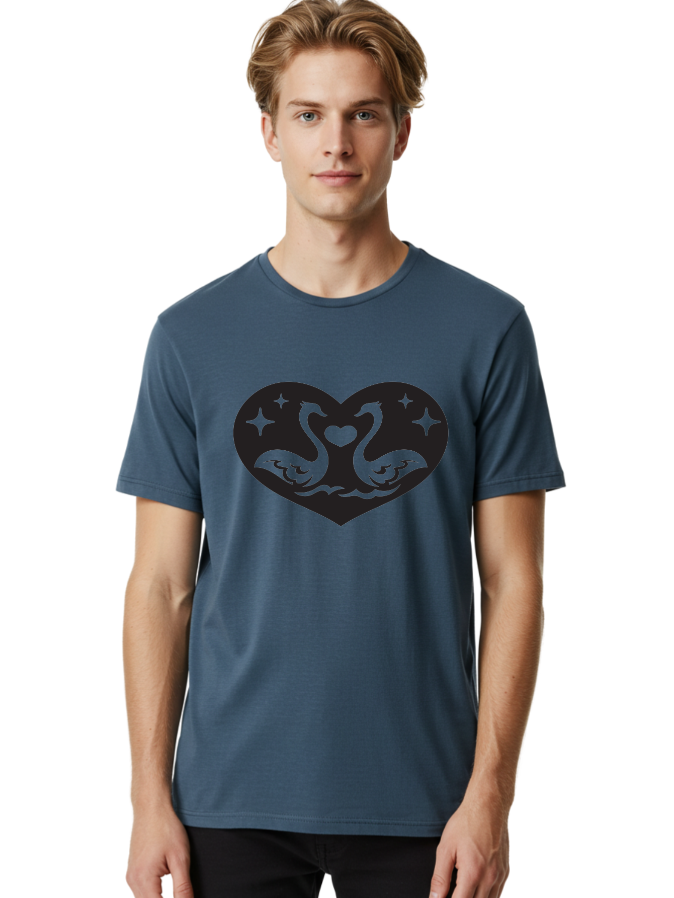 Swans-And-Heart Men'S Graphic Tee, 100% Cotton, Comfortable Casual Summer Wear, Machine Washable, Two Swans Forming A Heart Shape, Love Symbol, Swan Illustration, Heart-Shaped Graphic, Romantic Emblem, Starry Design, Whimsical Art, Love Art, Aab298