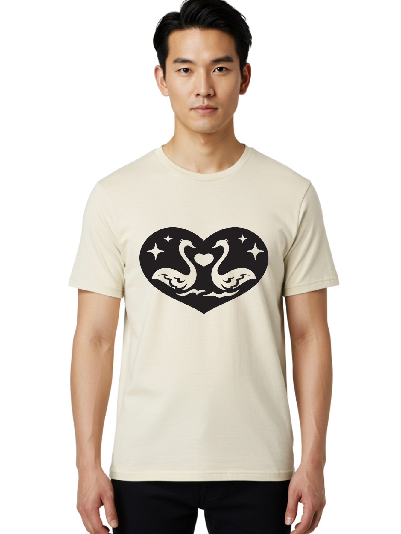Swans-And-Heart Men'S Graphic Tee, 100% Cotton, Comfortable Casual Summer Wear, Machine Washable, Two Swans Forming A Heart Shape, Love Symbol, Swan Illustration, Heart-Shaped Graphic, Romantic Emblem, Starry Design, Whimsical Art, Love Art, Aab298