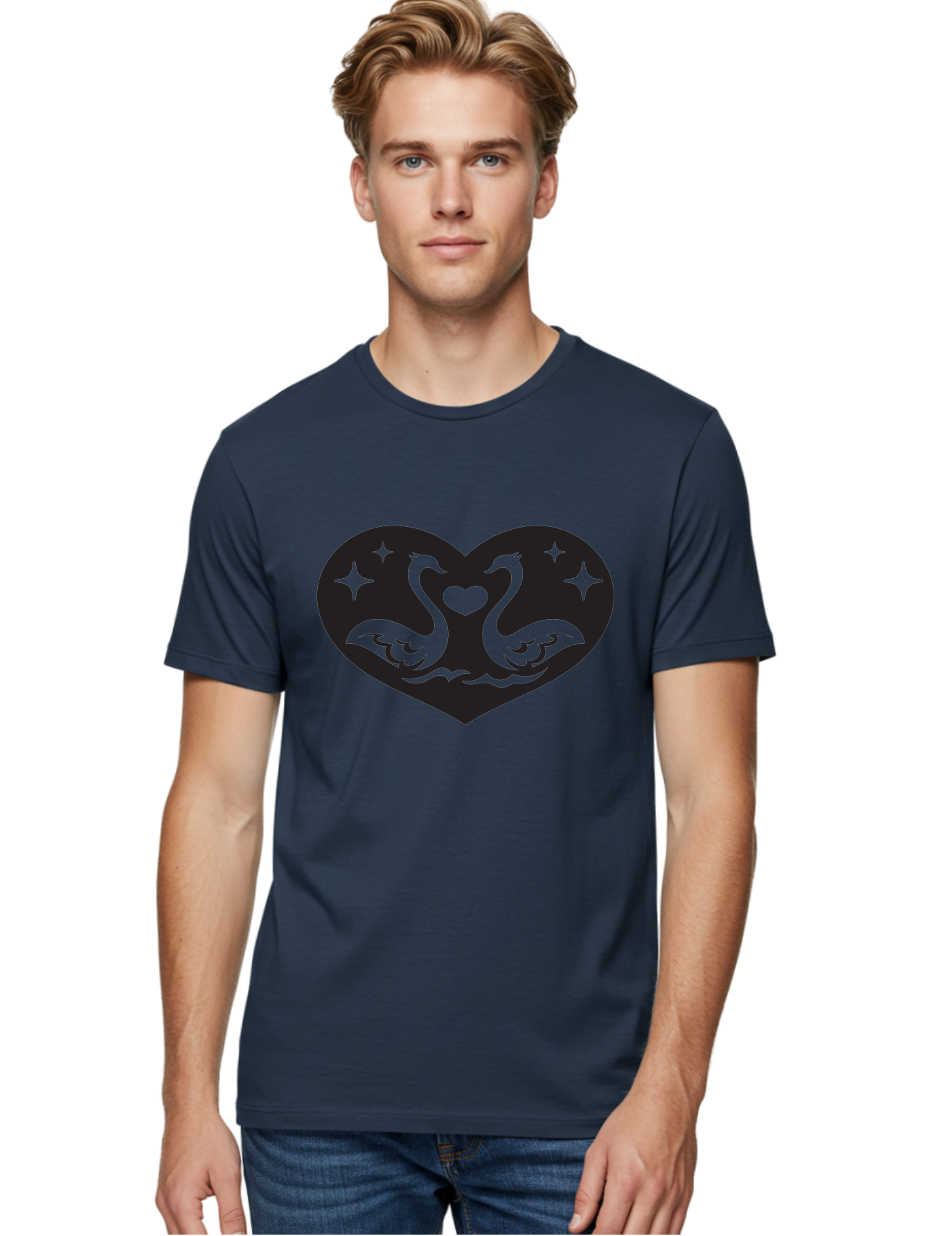 Swans-And-Heart Men'S Graphic Tee, 100% Cotton, Comfortable Casual Summer Wear, Machine Washable, Two Swans Forming A Heart Shape, Love Symbol, Swan Illustration, Heart-Shaped Graphic, Romantic Emblem, Starry Design, Whimsical Art, Love Art, Aab298