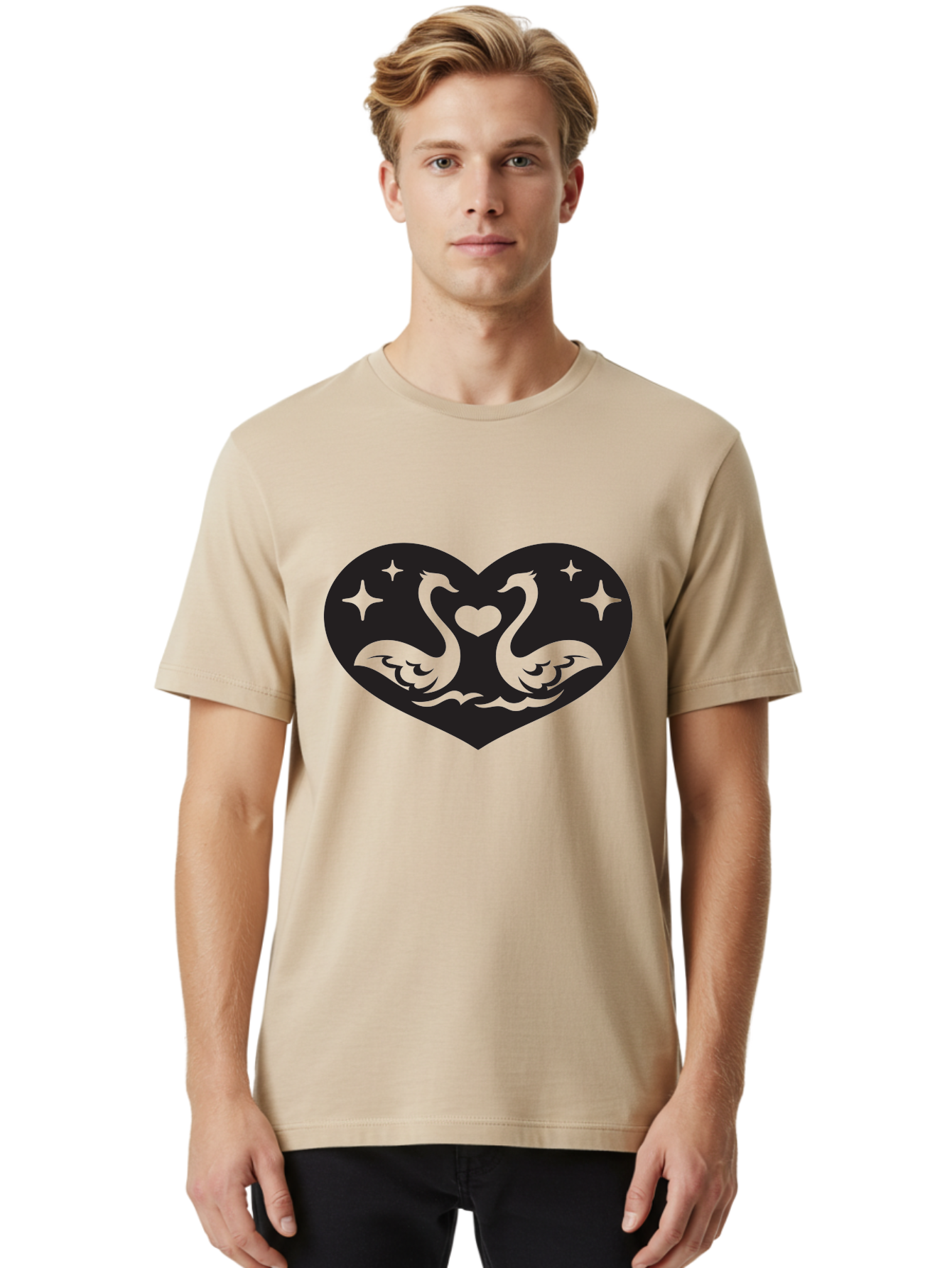 Swans-And-Heart Men'S Graphic Tee, 100% Cotton, Comfortable Casual Summer Wear, Machine Washable, Two Swans Forming A Heart Shape, Love Symbol, Swan Illustration, Heart-Shaped Graphic, Romantic Emblem, Starry Design, Whimsical Art, Love Art, Aab298