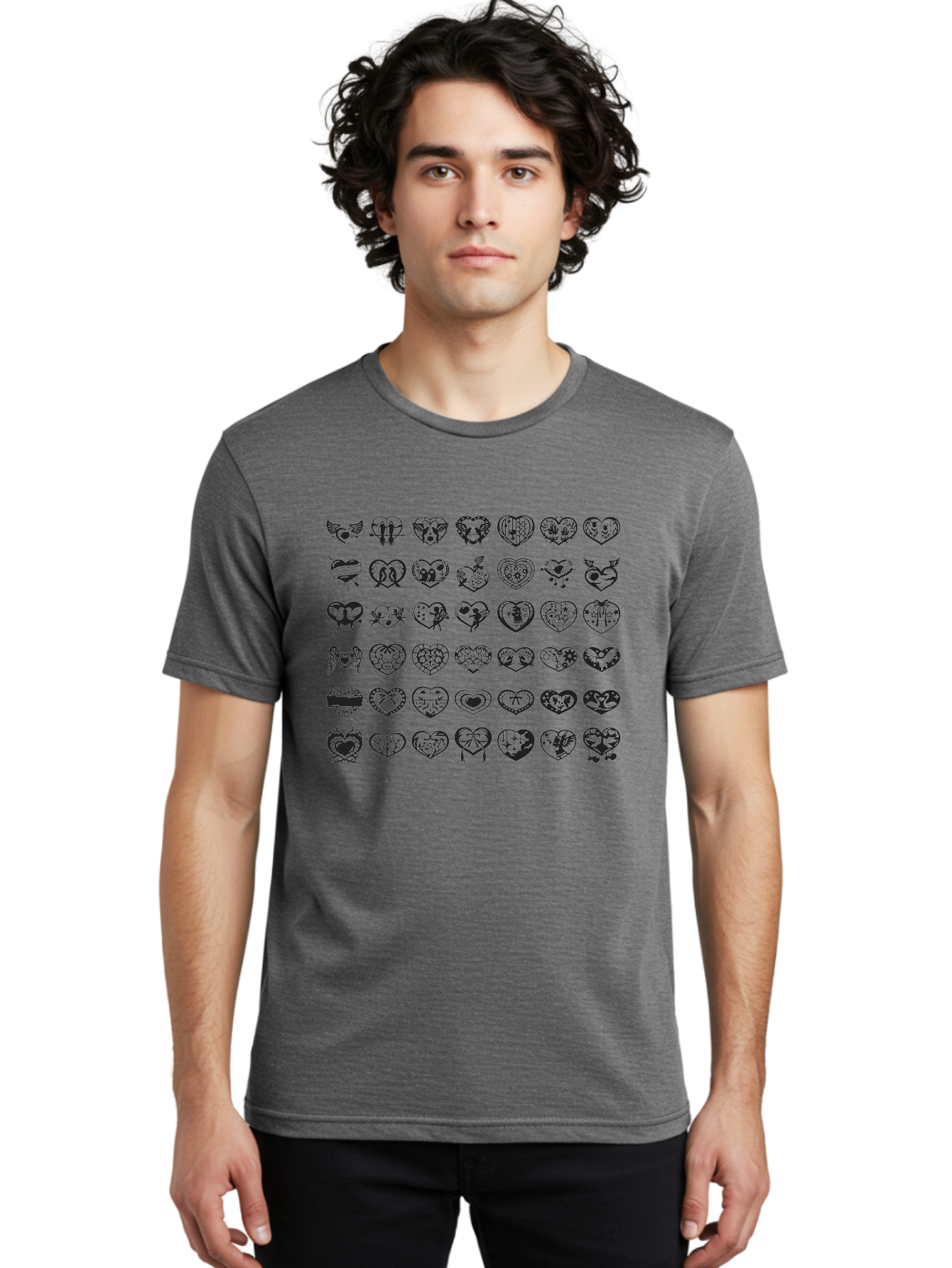 Tattooed-Hearts Men'S Graphic Tee, 100% Cotton, Comfortable Casual Summer Wear, Machine Washable, Tattoo Designs, Heart Shapes, Black Ink, Various Patterns, Symbolic Art, Heart Graphics, Tattoo Inspiration, Body Art, Symbolic Hearts, Aab299