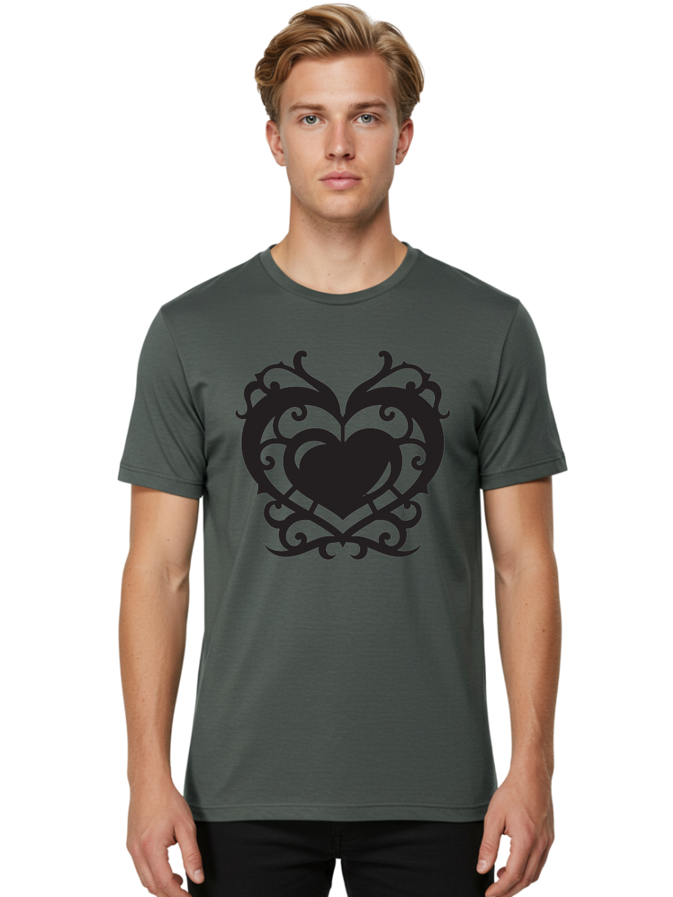 Tribal-Heart Men'S Graphic Tee, 100% Cotton, Comfortable Casual Summer Wear, Machine Washable, Heart Symbol, Decorative Heart, Gothic Design, Intricate Patterns, Filigree Art, Symbolic Love, Ornate Details, Heart Shape, Elegant Design, Aab300